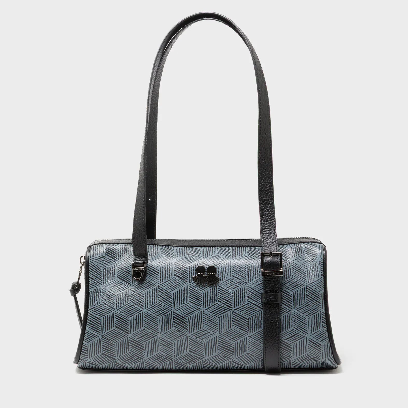 Esther Black Satchel Mini Bag - All Over Eyes Embroidery and Cubes Print - Front View
