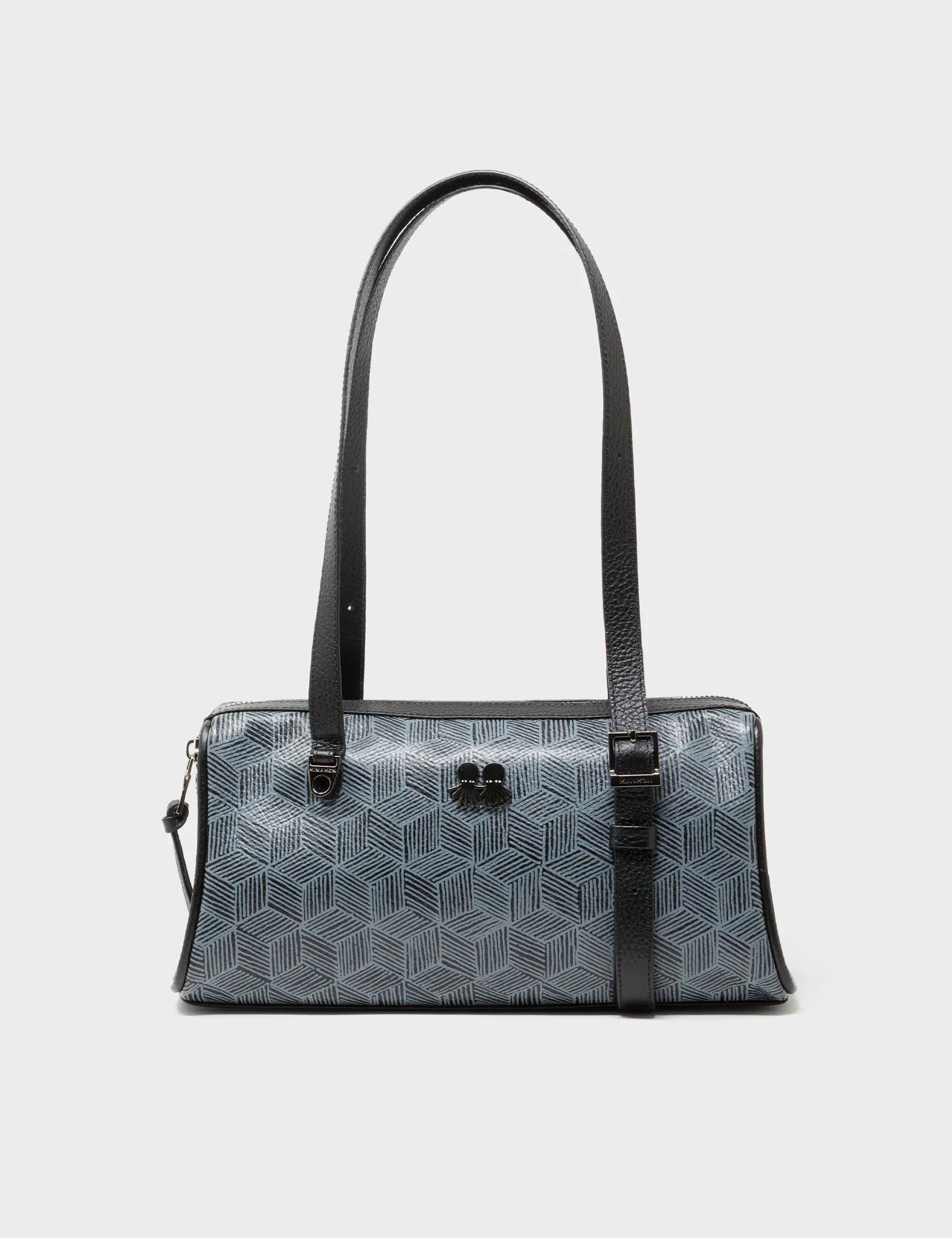 Esther Black Satchel Mini Bag - All Over Eyes Embroidery and Cubes Print - Front View
