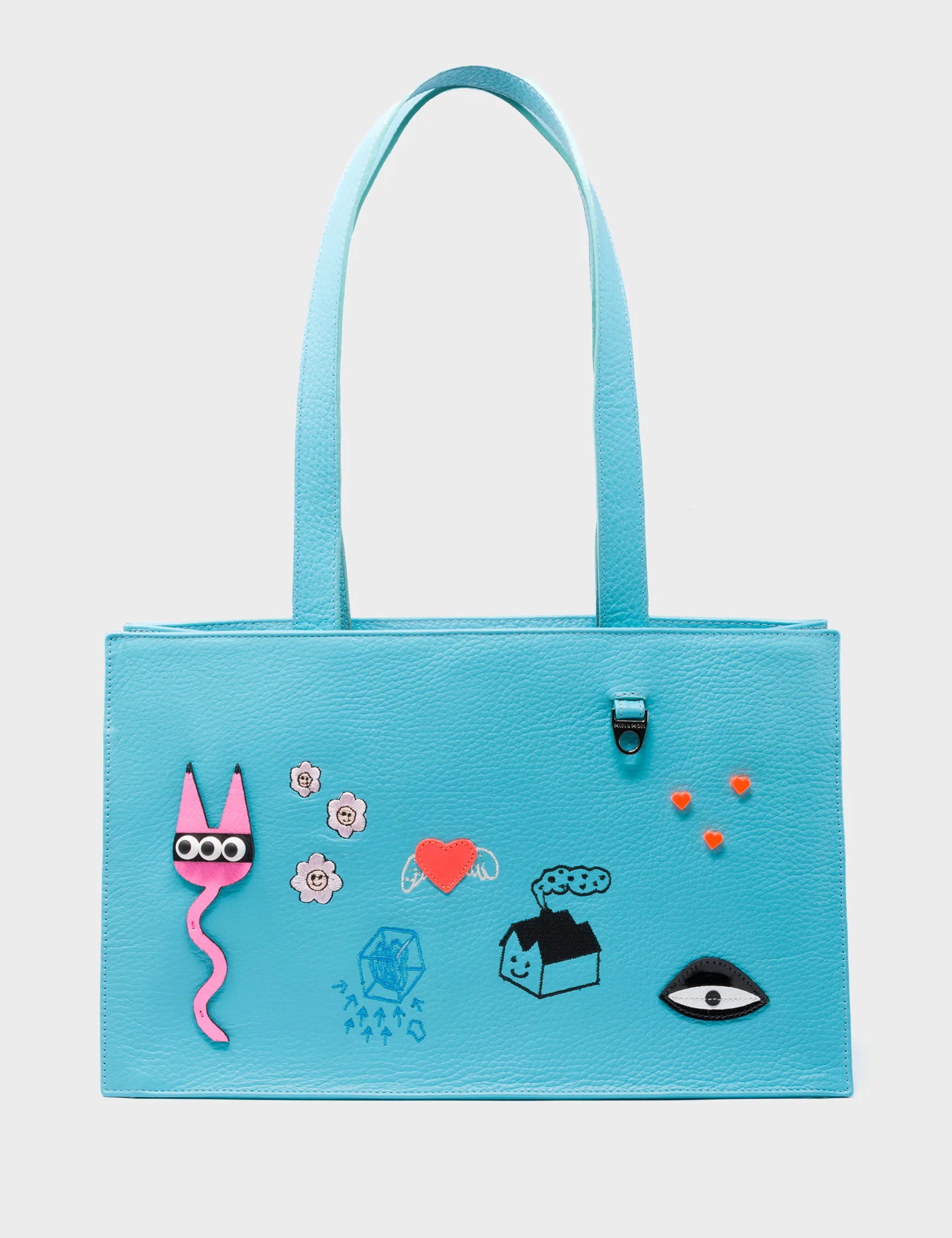 Marko Small Cyan Leather Tote Bag - Urban Doodles Applique - Front view