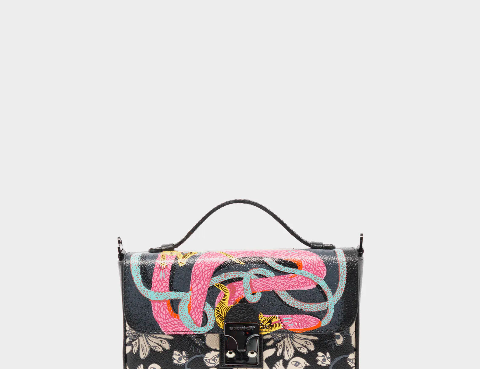 Amantis Black Leather Crossbody Mini Handbag - Tiger and Snake Design - Front View
