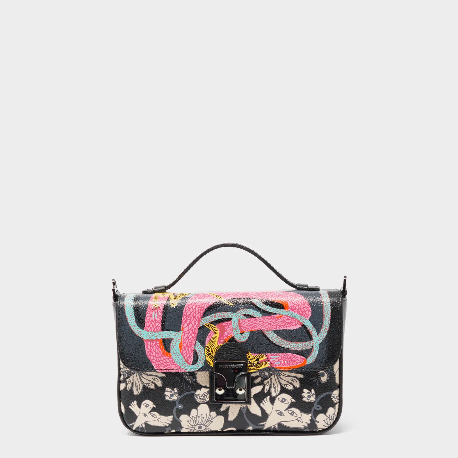 Amantis Black Leather Crossbody Mini Handbag - Tiger and Snake Design - Front View