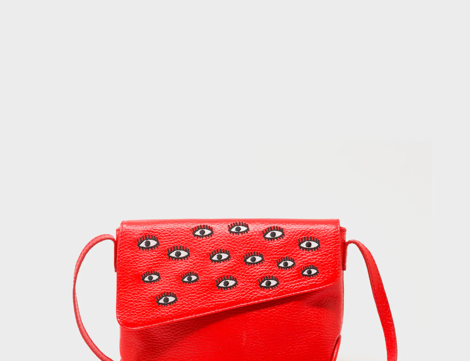 Bruno Mini Crossbody Fiesta Red Leather Bag - All Over Eyes Embroidery - Front View