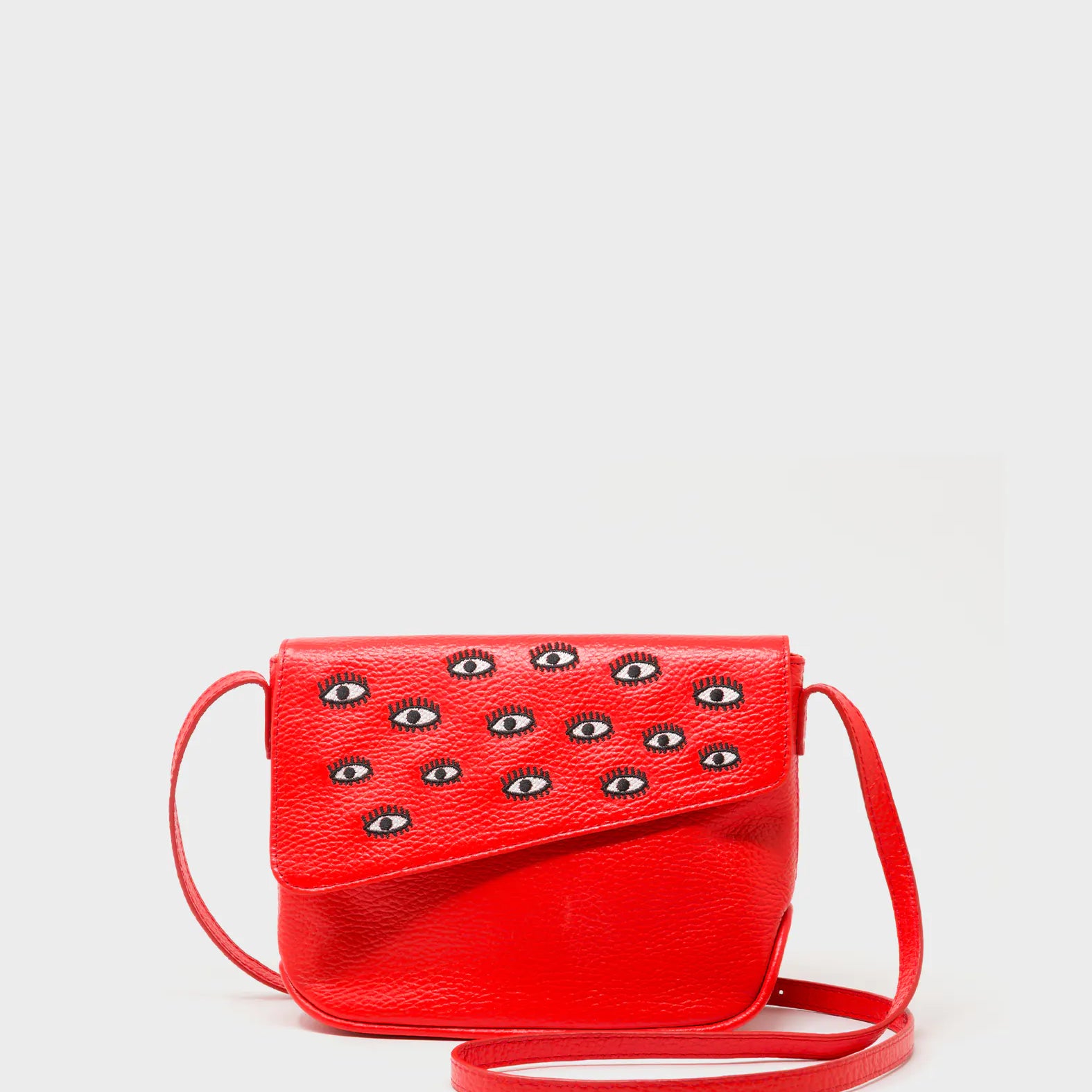 Bruno Mini Crossbody Fiesta Red Leather Bag - All Over Eyes Embroidery - Front View