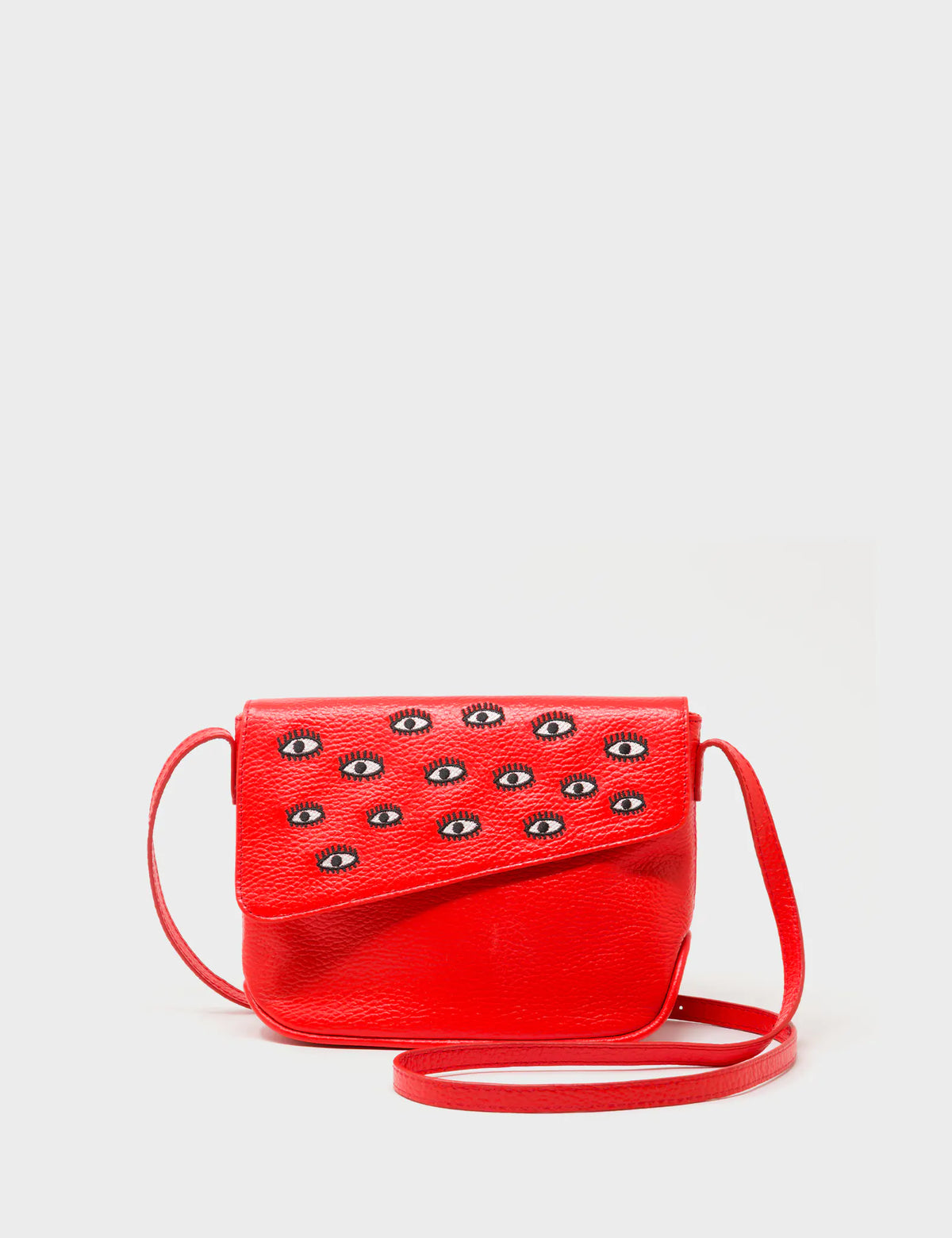 Bruno Mini Crossbody Fiesta Red Leather Bag - All Over Eyes Embroidery - Front View
