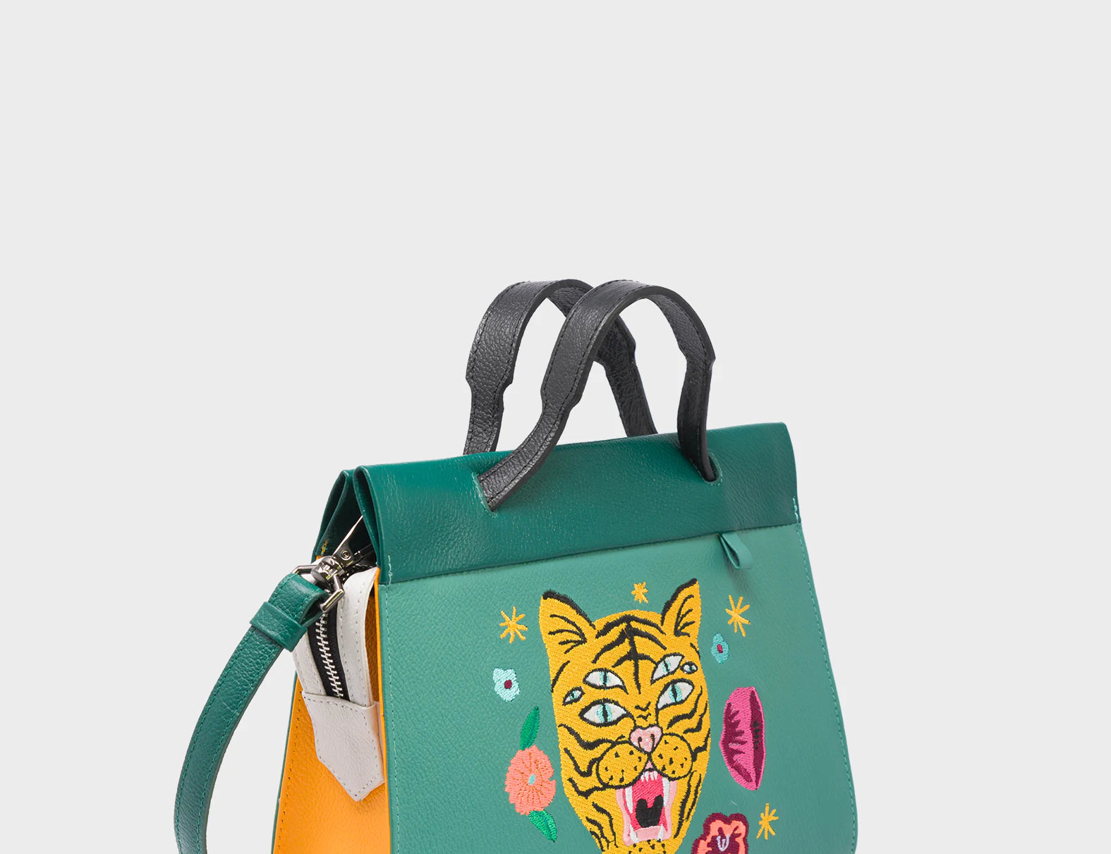 Vali Crossbody Small Deep Sea Green Leather Bag - Tiger and Flowers Embroidery - Handles View