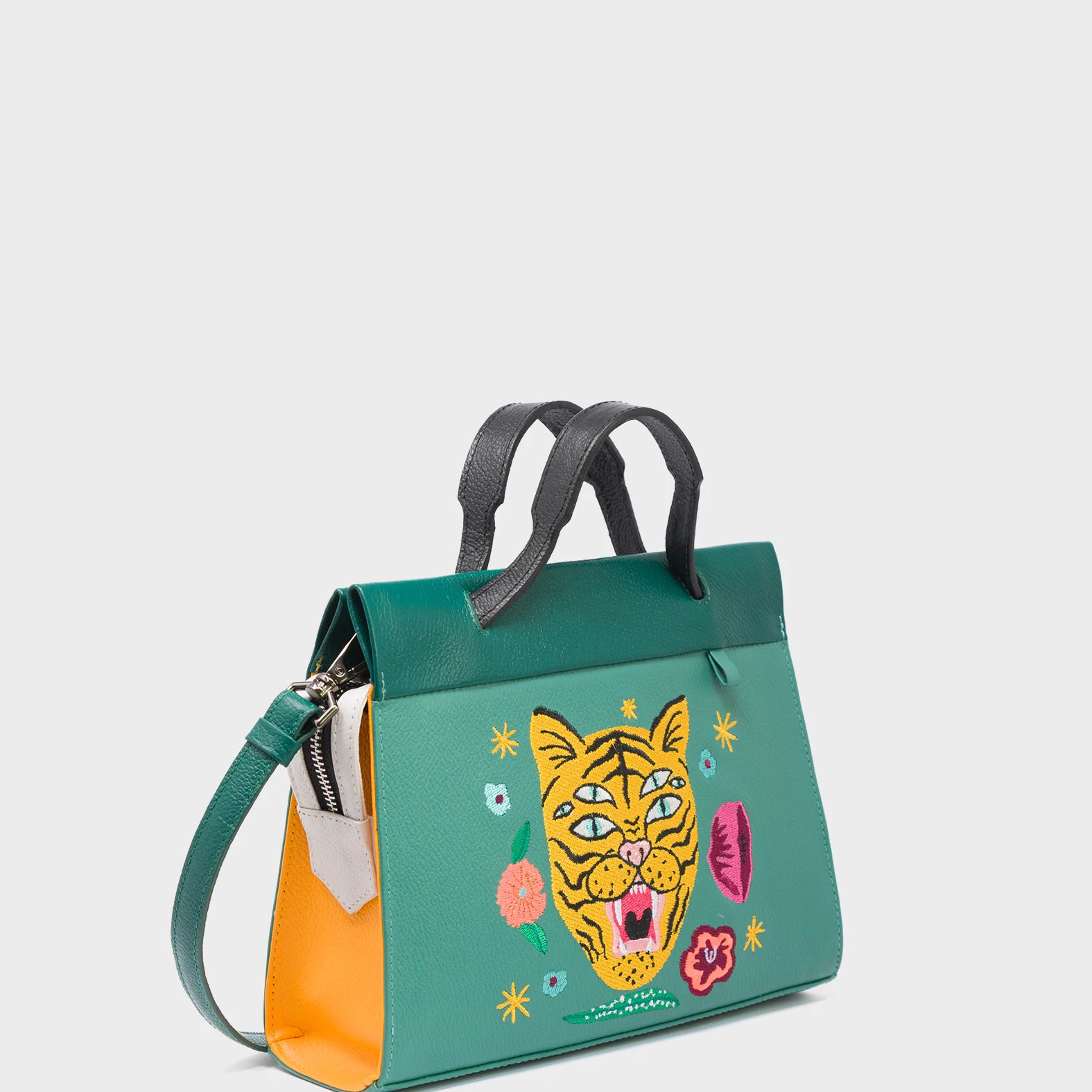 Vali Crossbody Small Deep Sea Green Leather Bag - Tiger and Flowers Embroidery - Handles View