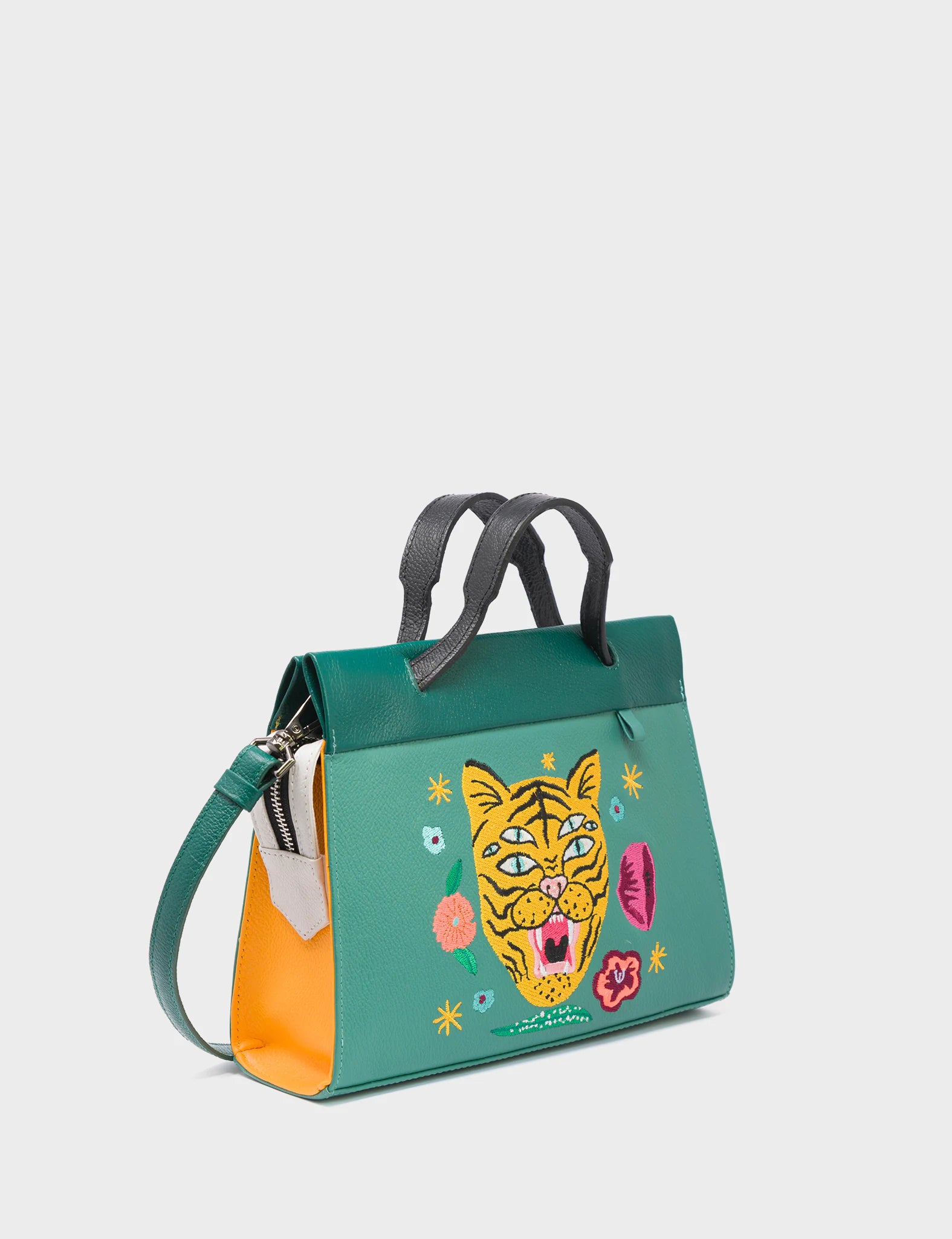 Vali Crossbody Small Deep Sea Green Leather Bag - Tiger and Flowers Embroidery - Handles View