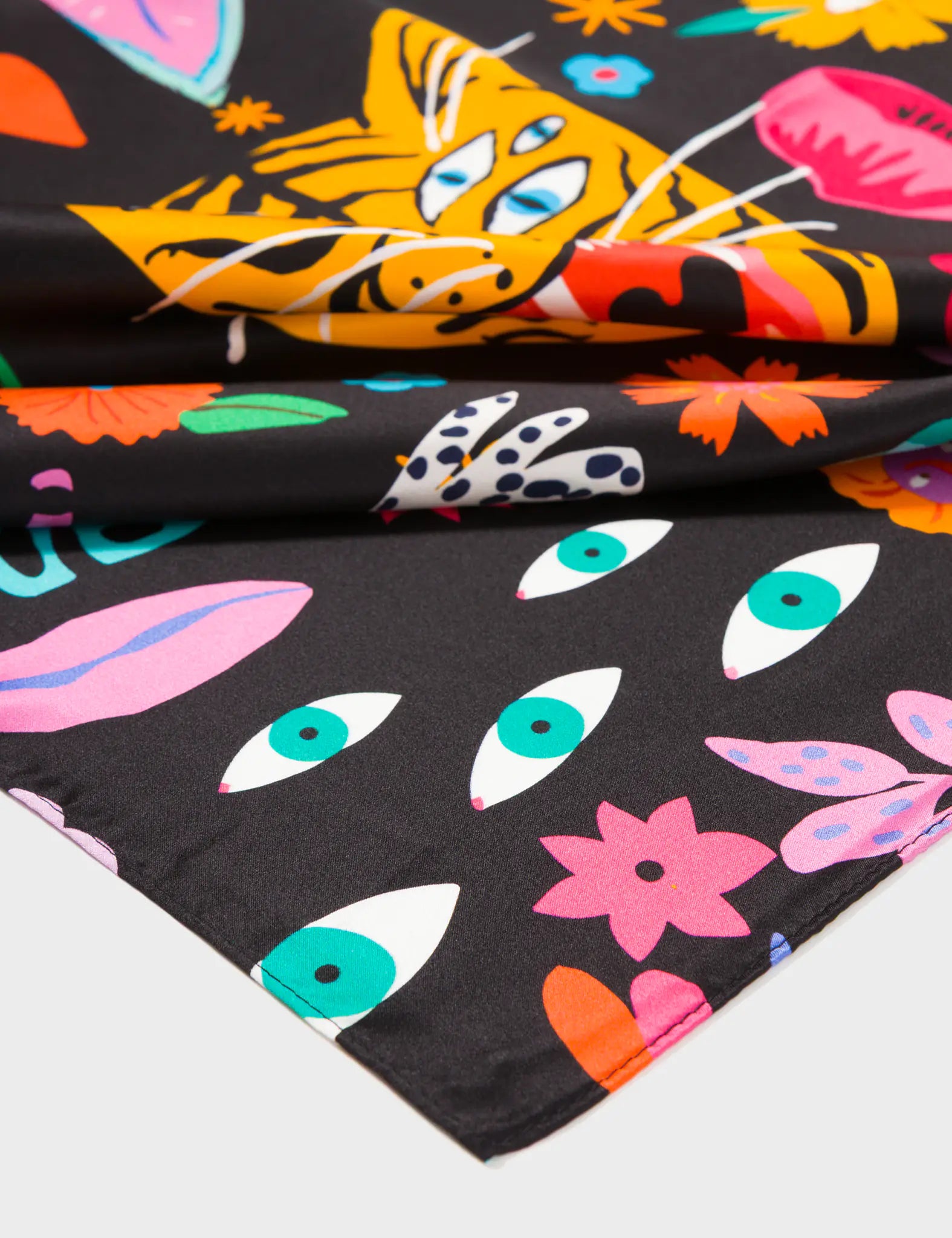Black Silk Headscarf - Happy Tiger - Detail View