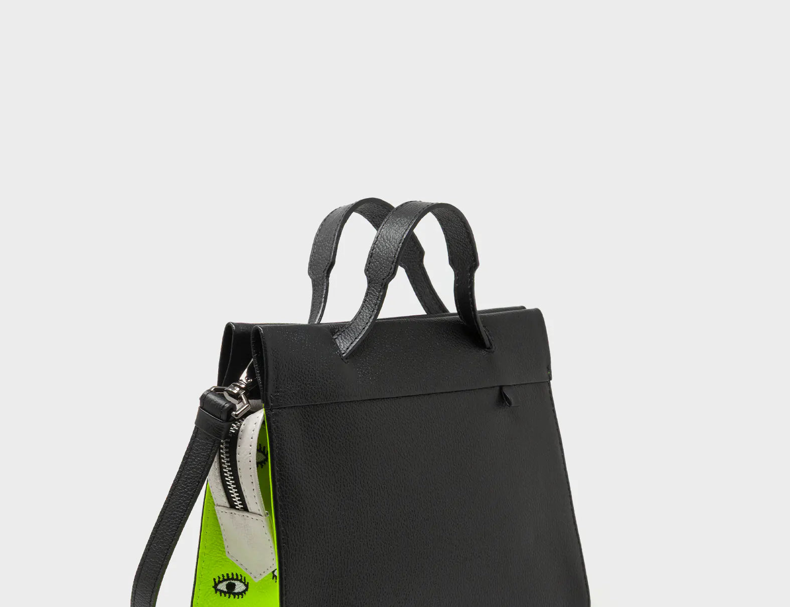 Vali Crossbody Black and Neon Green Leather Bag - All Over Eyes Embroidery - Handles View
