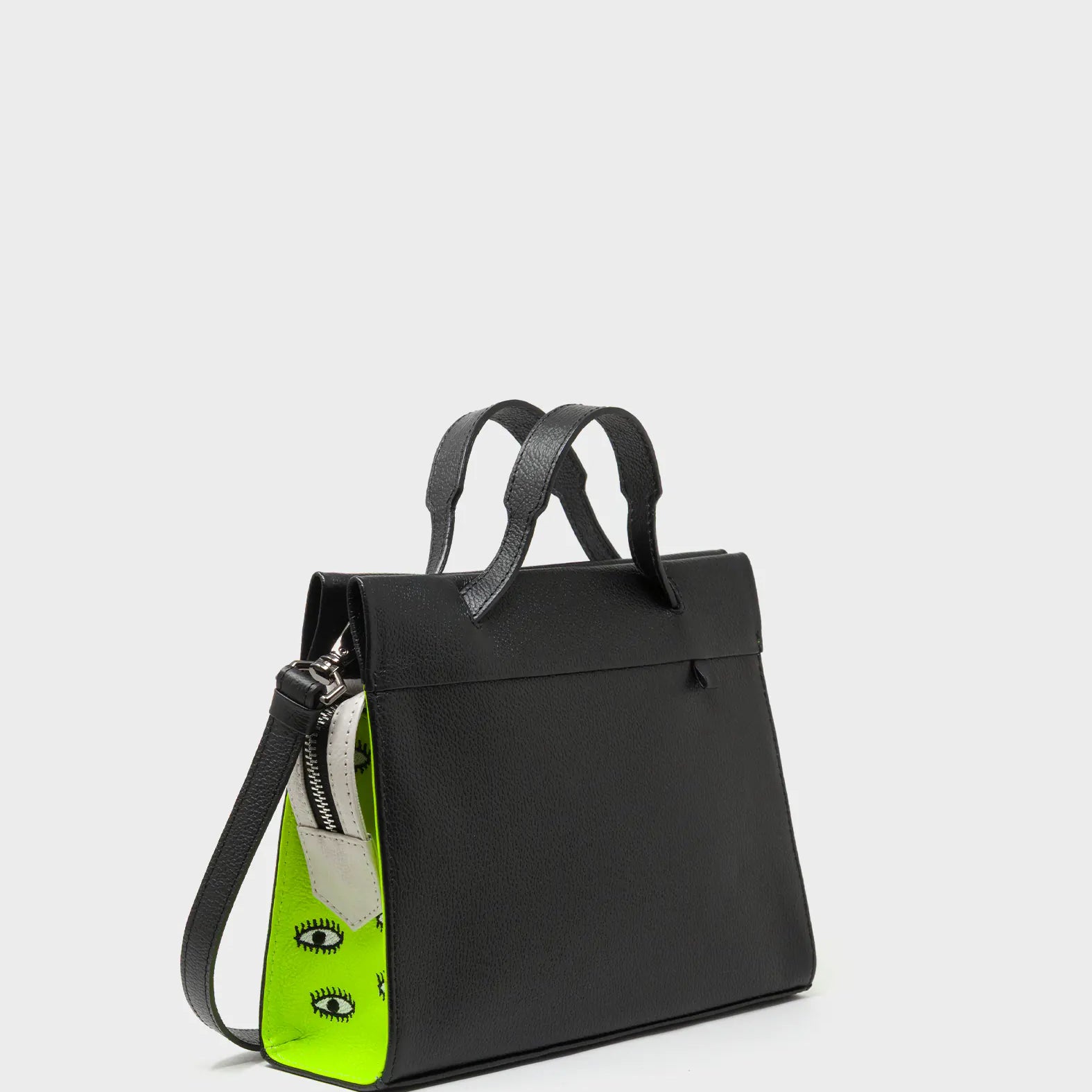 Vali Crossbody Black and Neon Green Leather Bag - All Over Eyes Embroidery - Handles View