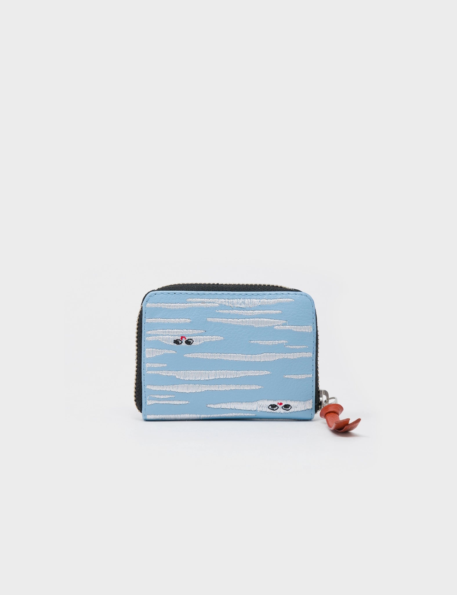 Blue Leather Zip Around Wallet - Clouds Embroidery - Back