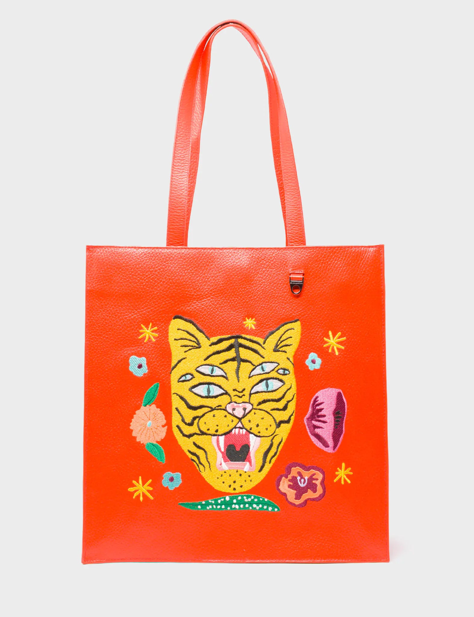 Marko Fiesta Red Leather Tote Bag - Tiger and Flowers Embroidery- Front View