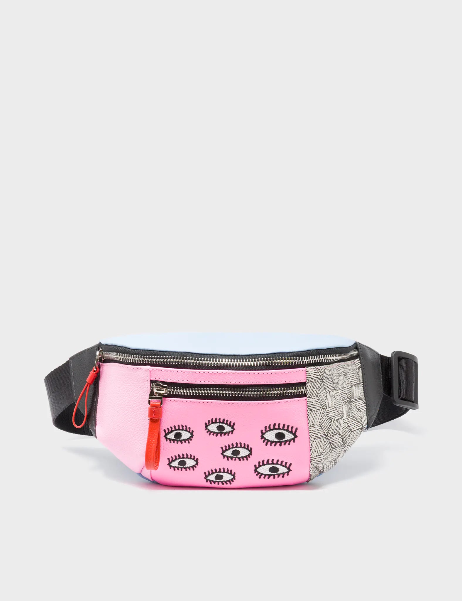 Harold Fanny Pack Cerulean Blue Leather - All Over Eyes Embroidery  - Front