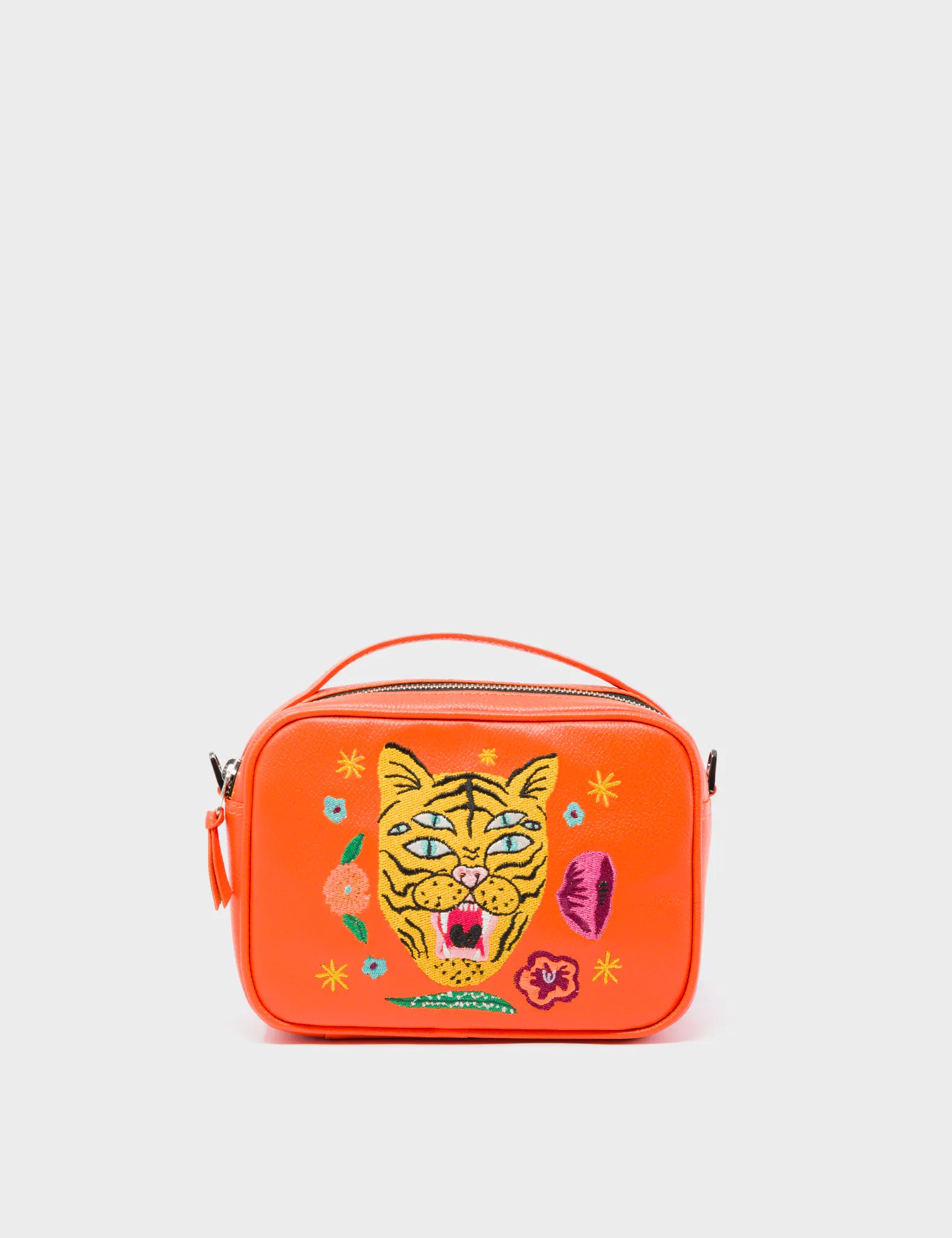 Verto Crossbody Vermillion Orange Leather Handbag - Tiger and Flowers Embroidery - Front