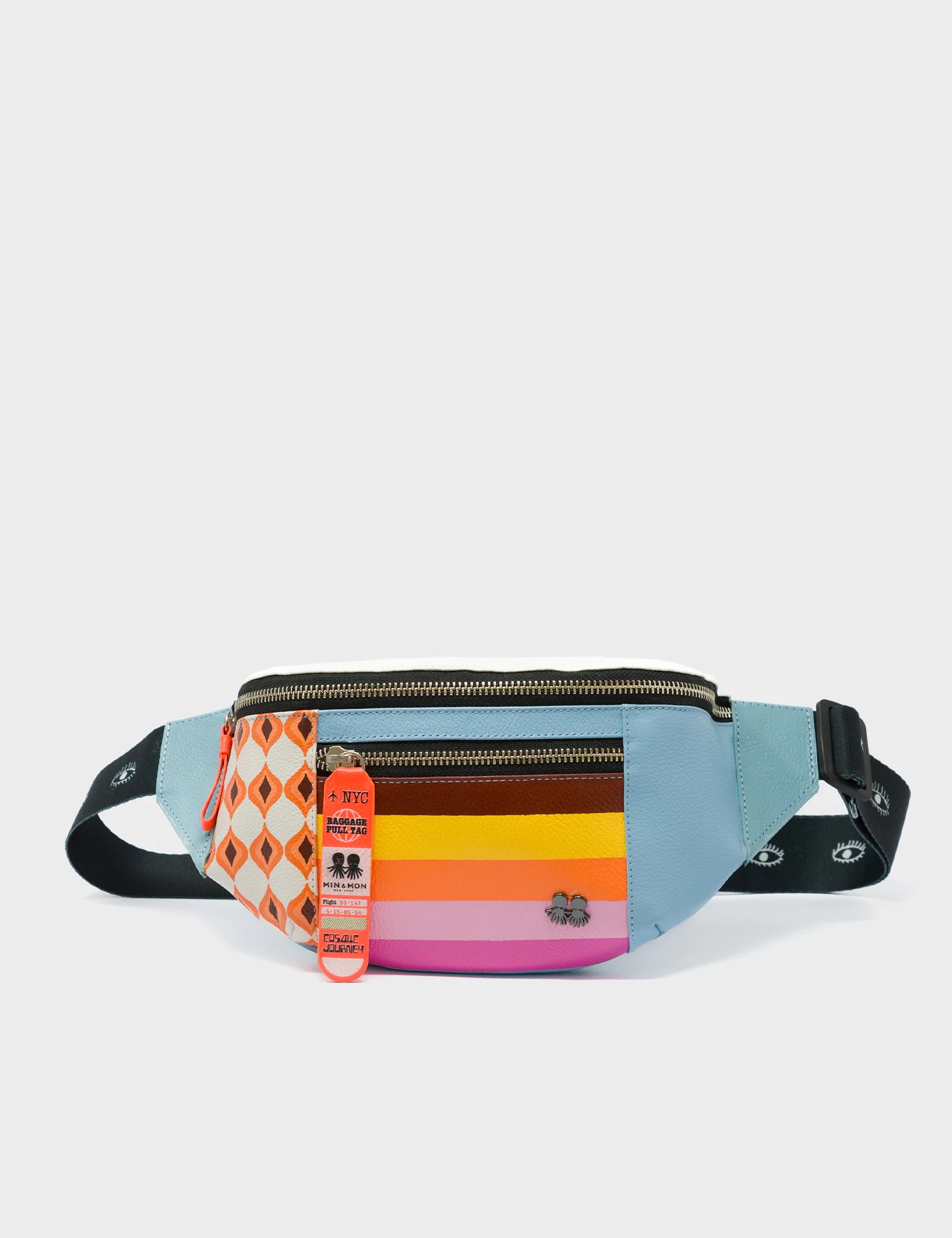 Bag Fanny Pack Cream And Blue Leather - Eyes Pattern Debossed - Front 