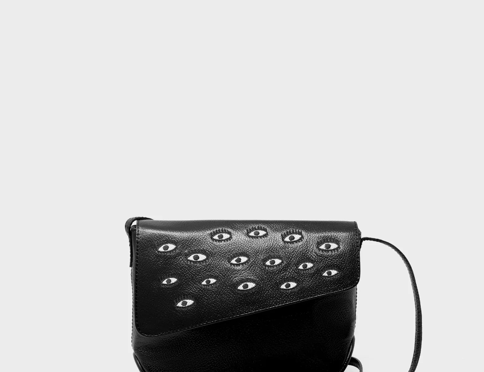 Bruno Mini Crossbody Black Leather Bag - All Over Eyes Embroidery - Front View