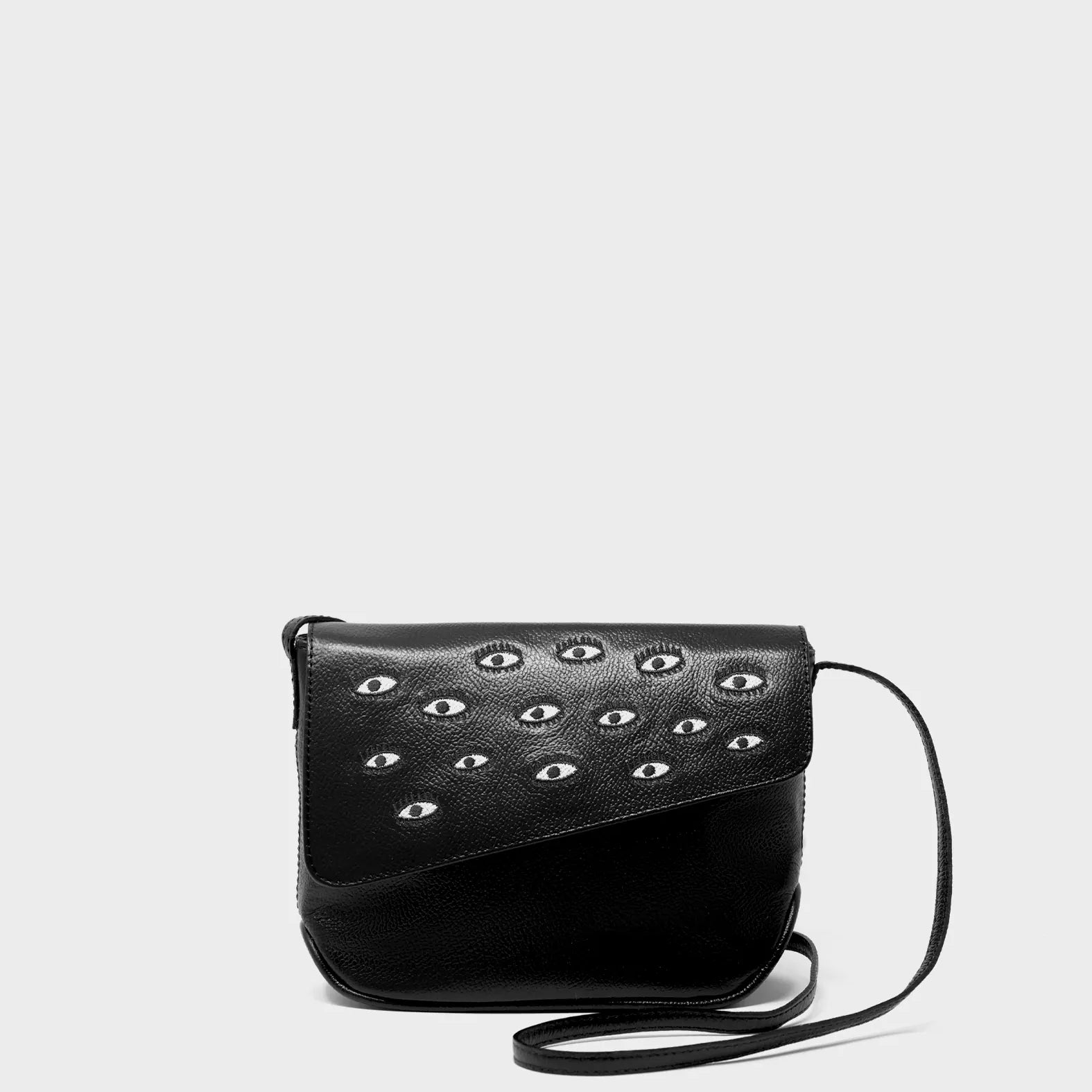 Bruno Mini Crossbody Black Leather Bag - All Over Eyes Embroidery - Front View