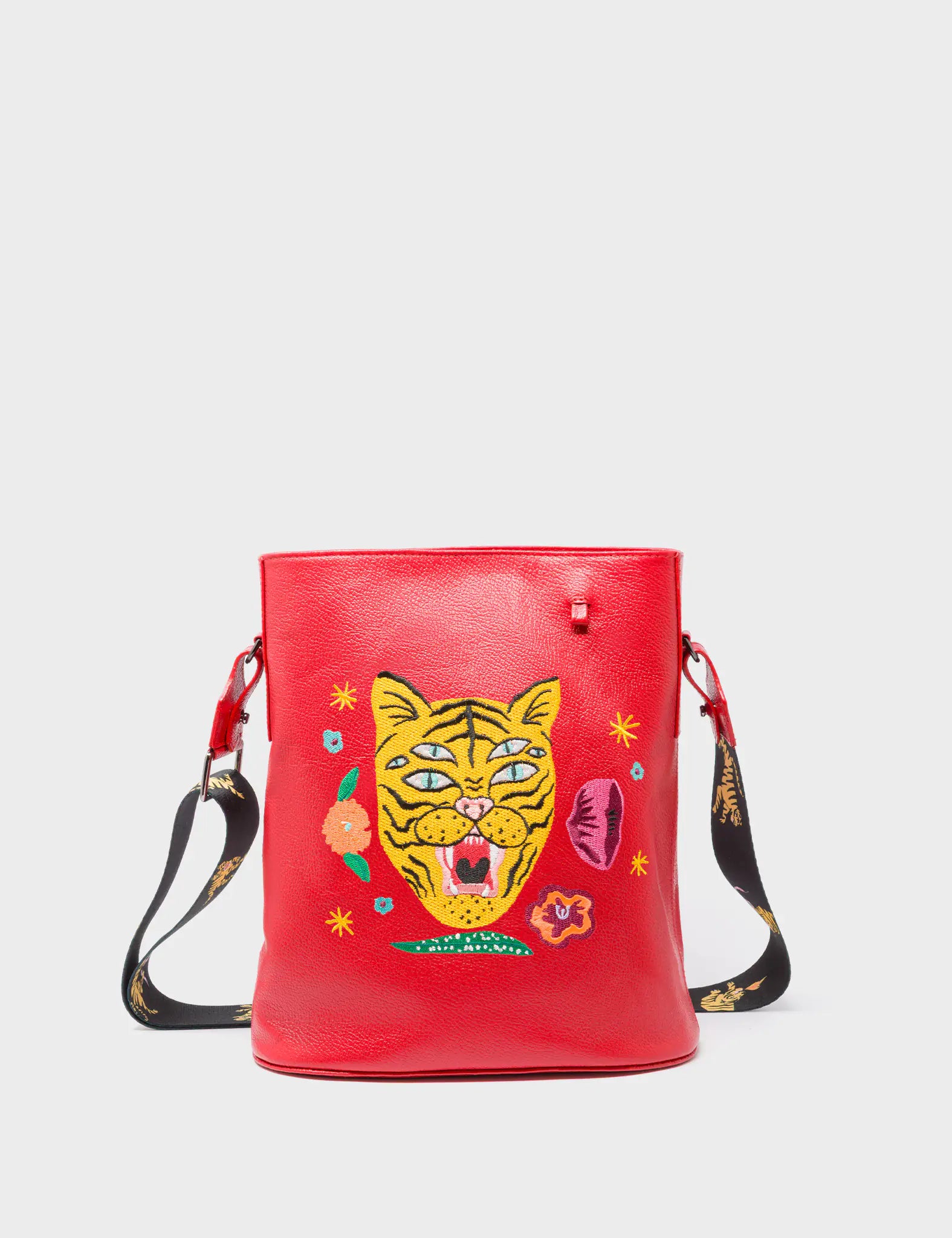 Vincent Jester Red Leather Shoulder Bag - Happy Tiger Embroidery - Front