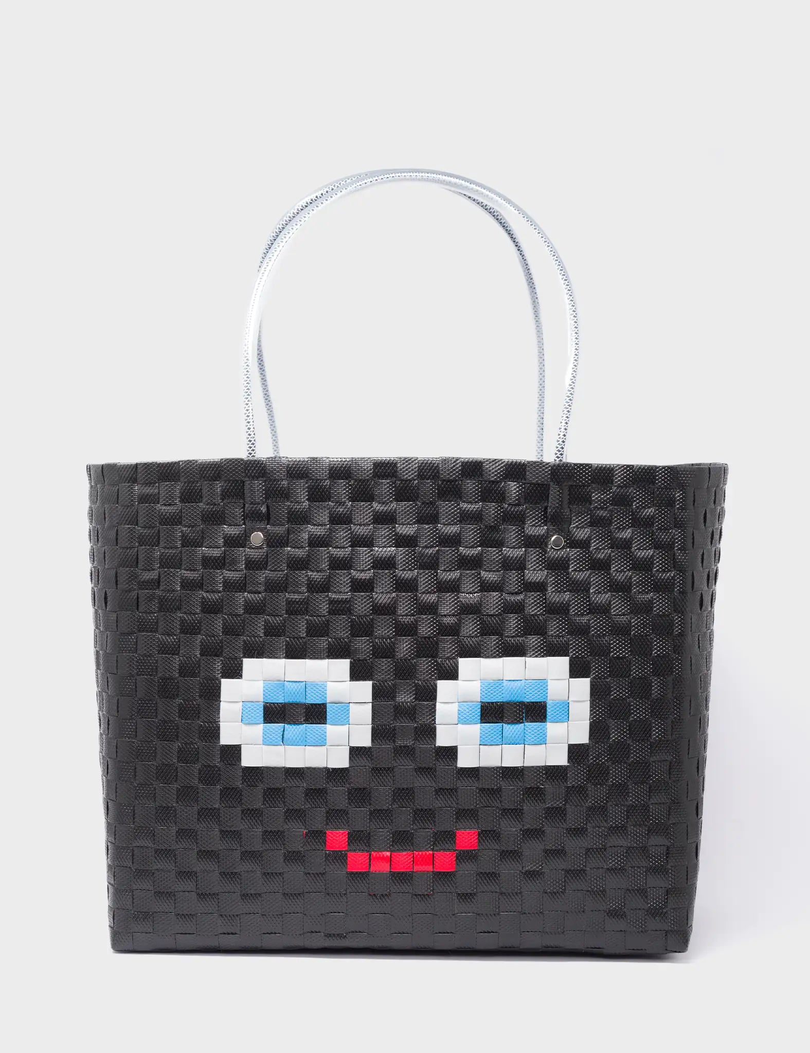 Large Black Handwoven Market Bag - Happy Face - Front View
