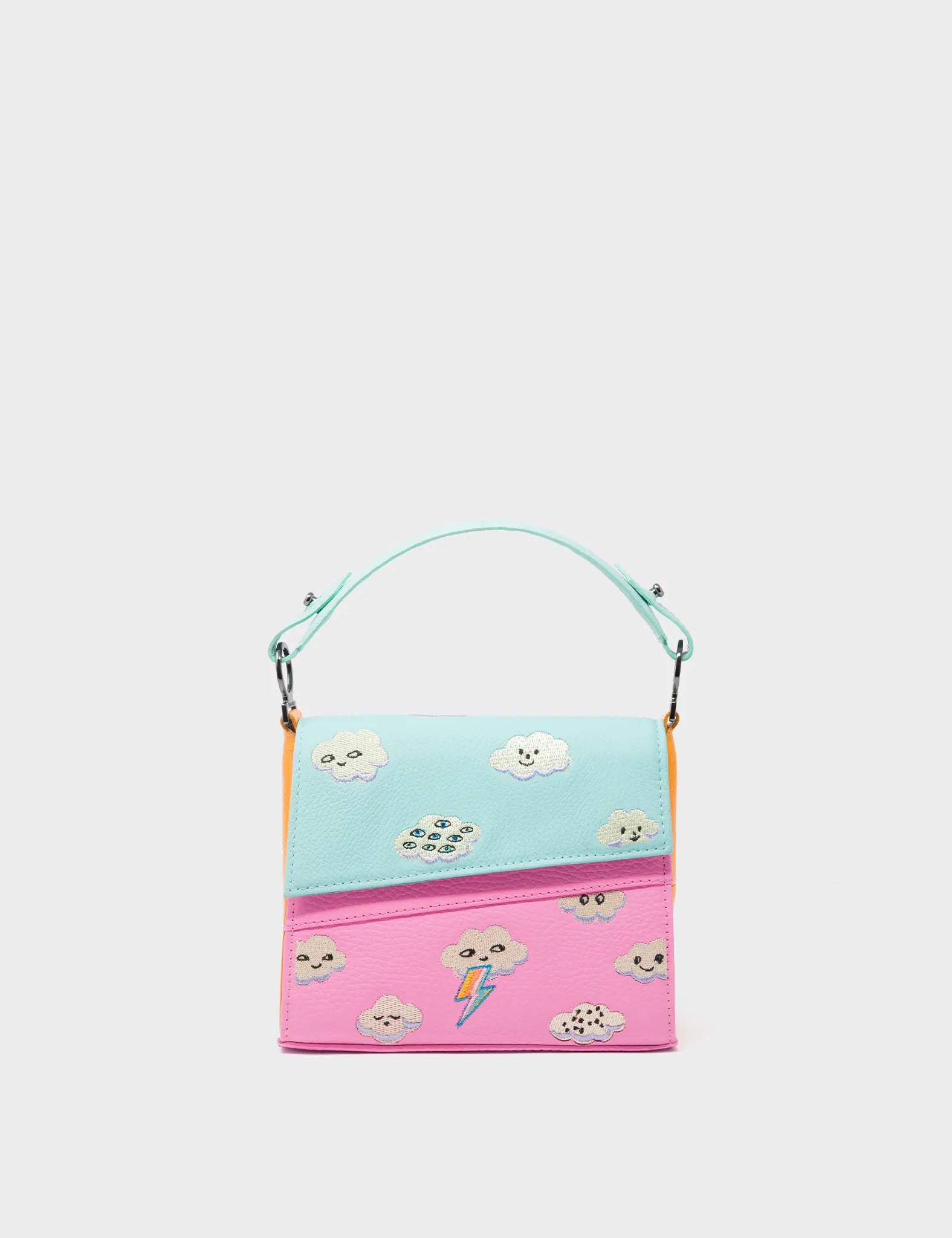 Anastasio Micro Crossbody Handbag Water Ballet Blue and Bubblegum Pink Leather - Happy Clouds Design - Front View