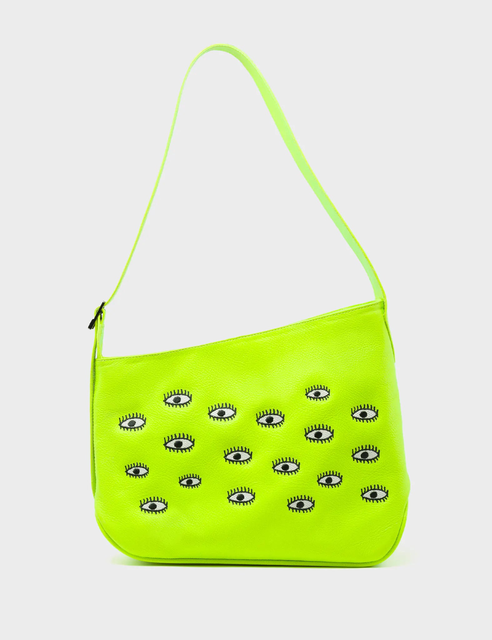 Bruno Hobo Handbag Neon Yellow Leather - All Over Eyes Embroidery - Front View