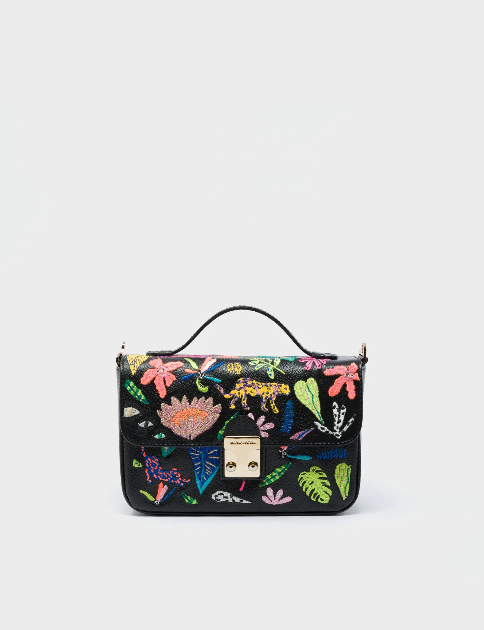 Amantis Cameo Black Leather Crossbody Mini Handbag - El Trópico Embroidery Design - Front