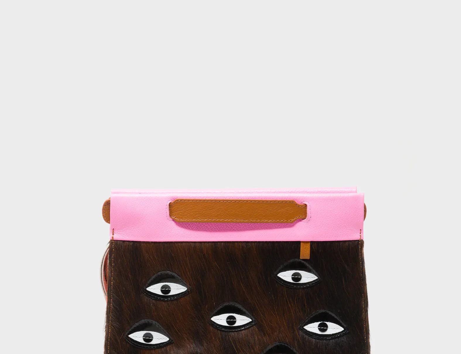 Vali Crossbody Small Bubblegum Pink And Neon Orange Leather Bag - Eyes Applique Adjustable Handle - Front View