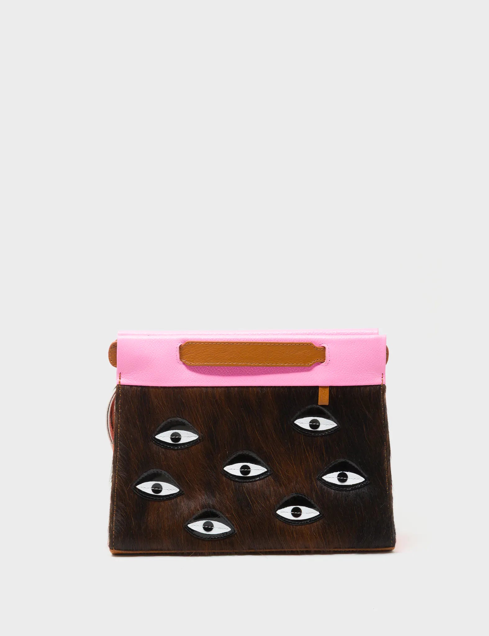 Vali Crossbody Small Bubblegum Pink And Neon Orange Leather Bag - Eyes Applique Adjustable Handle - Front View