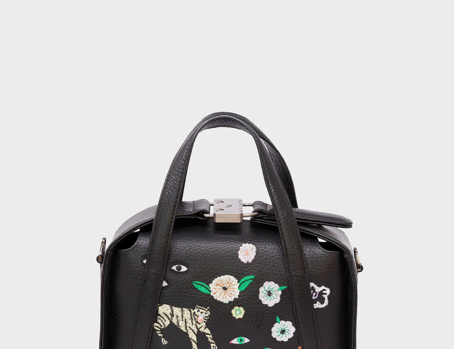 Benji Small Crossbody Black Leather Bag -  Floralia Embroidery - Front View