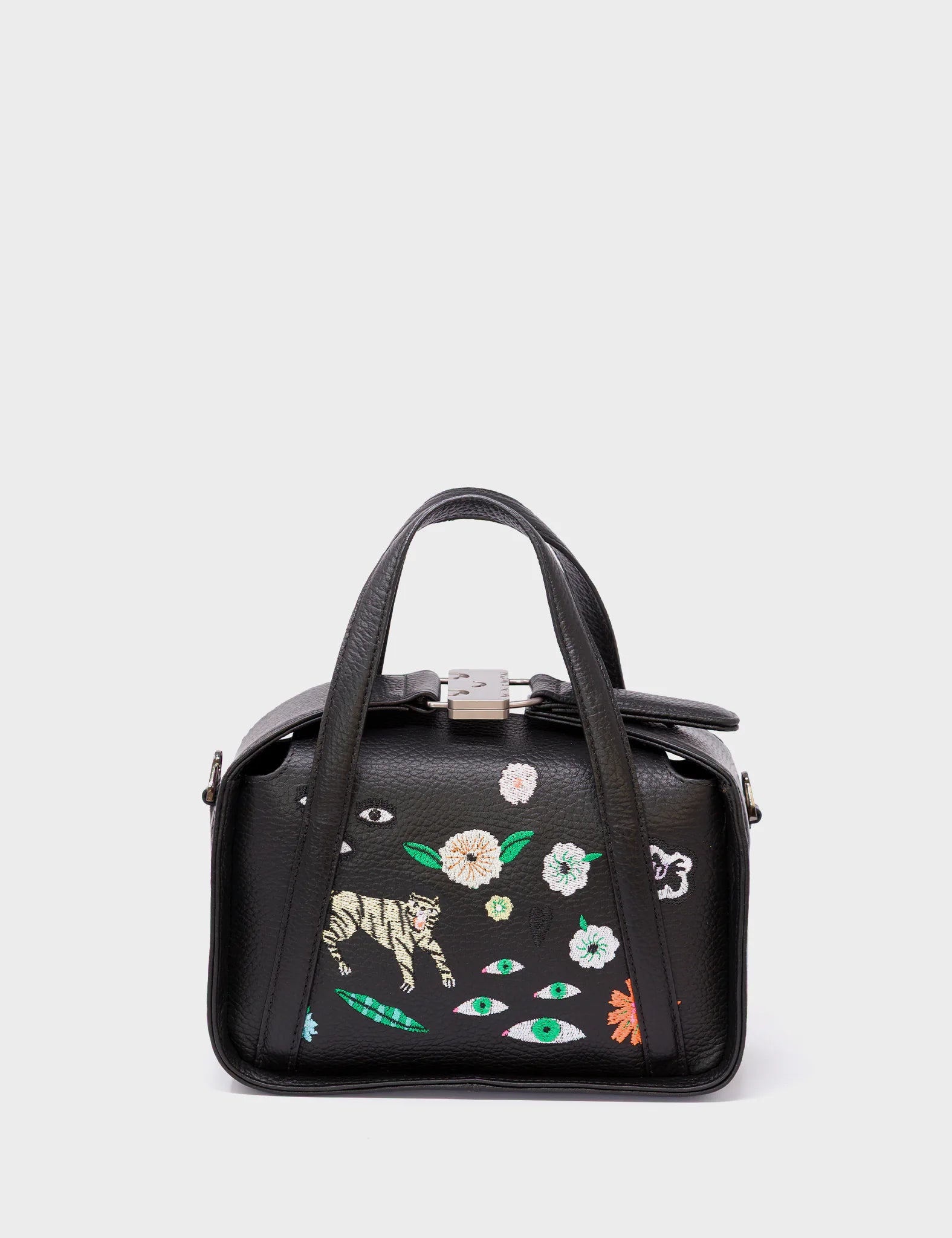 Benji Small Crossbody Black Leather Bag -  Floralia Embroidery - Front View