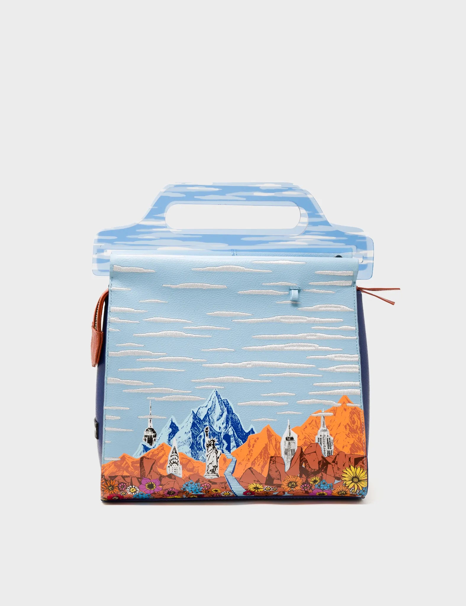 Blue Crossbody Handbag - Mountains, Flowers and Clouds Design - Front