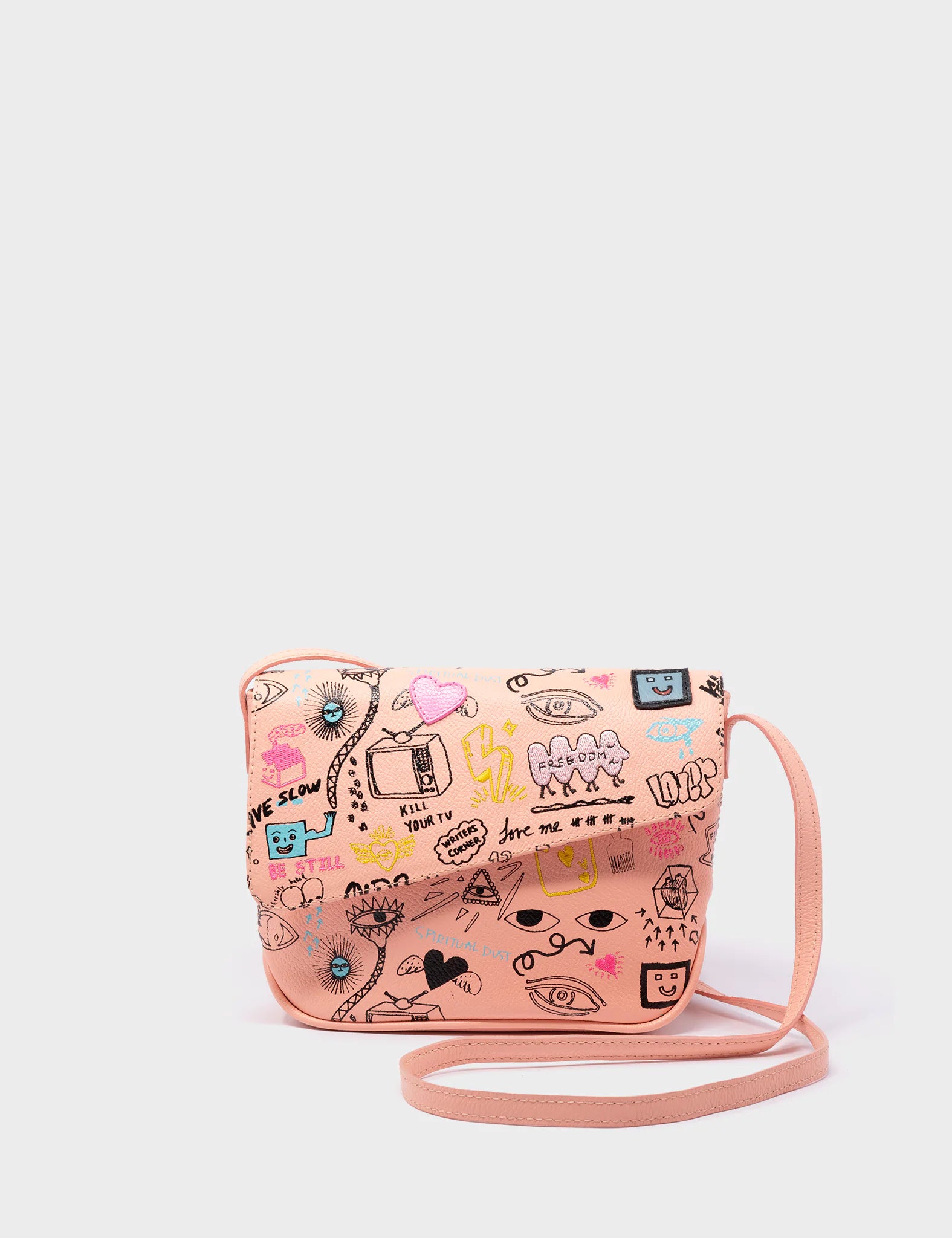 Bruno Mini Crossbody Rosa Leather Bag - Urban Doodles Design - Front View