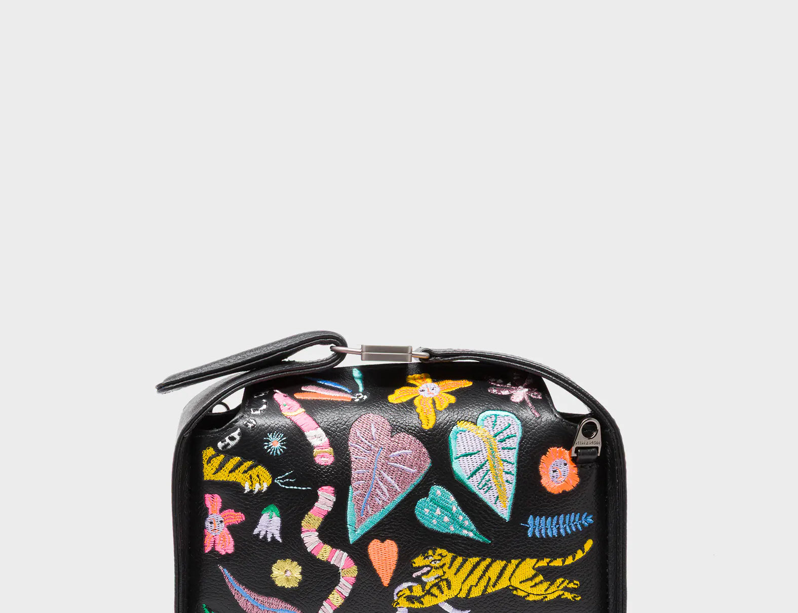Benji Mini Crossbody Black Leather Bag - Autumn Blush Embroidery - Front View