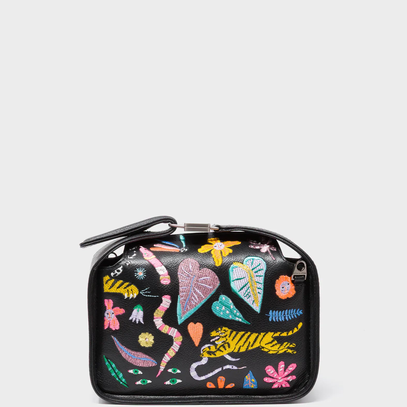 Benji Mini Crossbody Black Leather Bag - Autumn Blush Embroidery - Front View