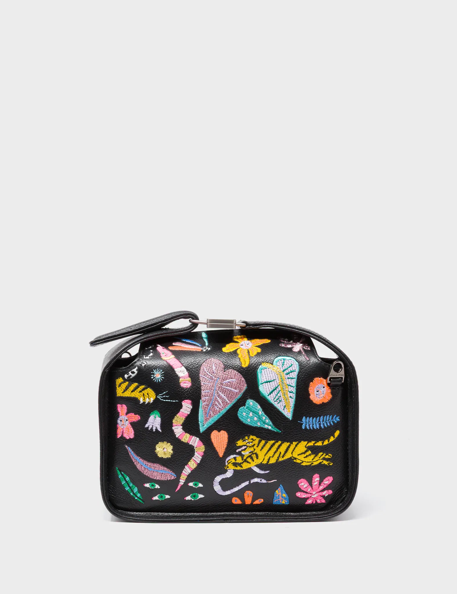 Benji Mini Crossbody Black Leather Bag - Autumn Blush Embroidery - Front View