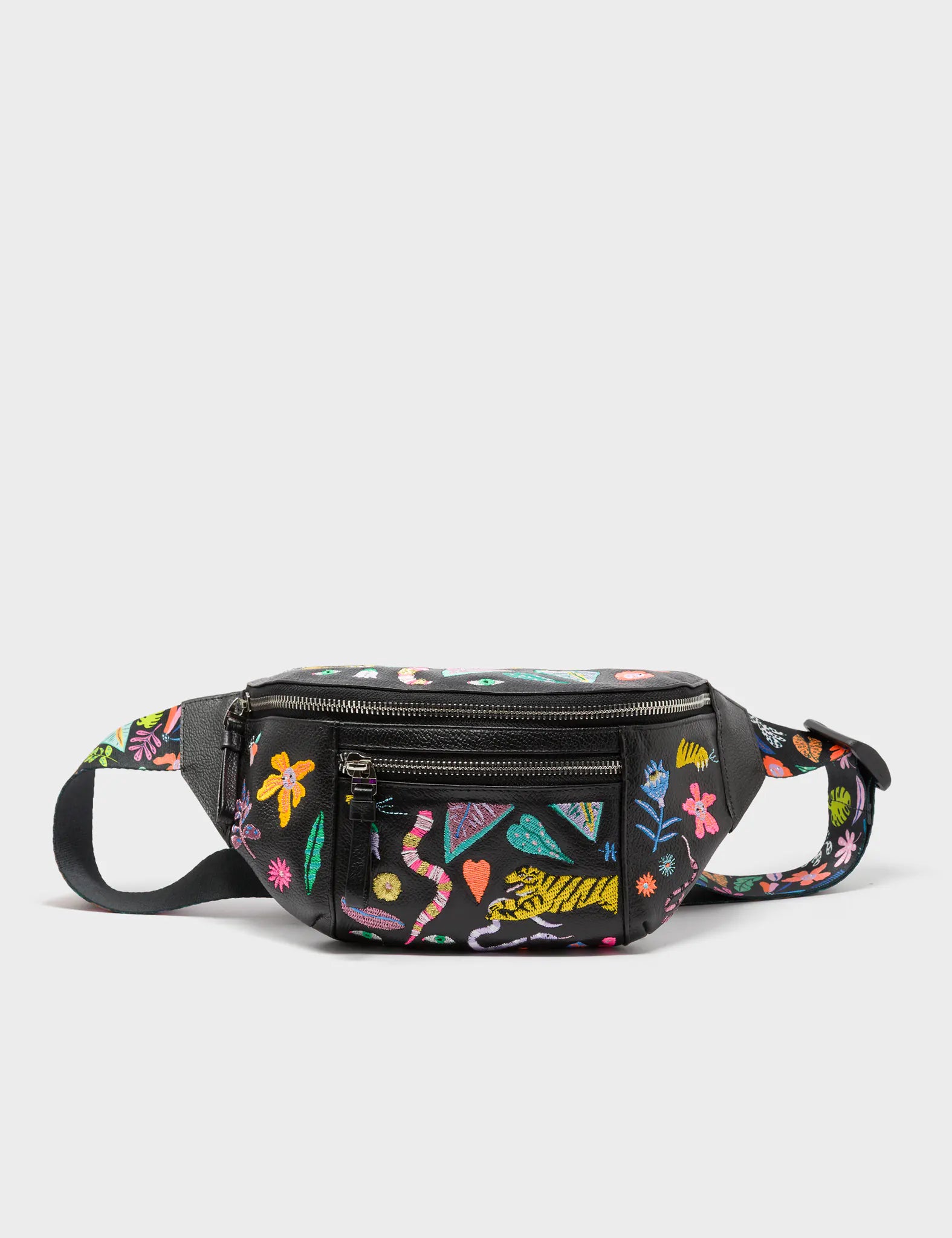 Harold Fanny Pack Black Leather - Autumn Blush Embroidery  - Front View