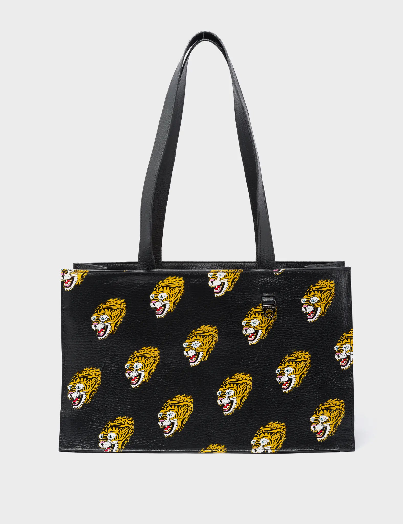 Marko Small Black Leather Tote Bag - Blazing Tiger Print - Front View