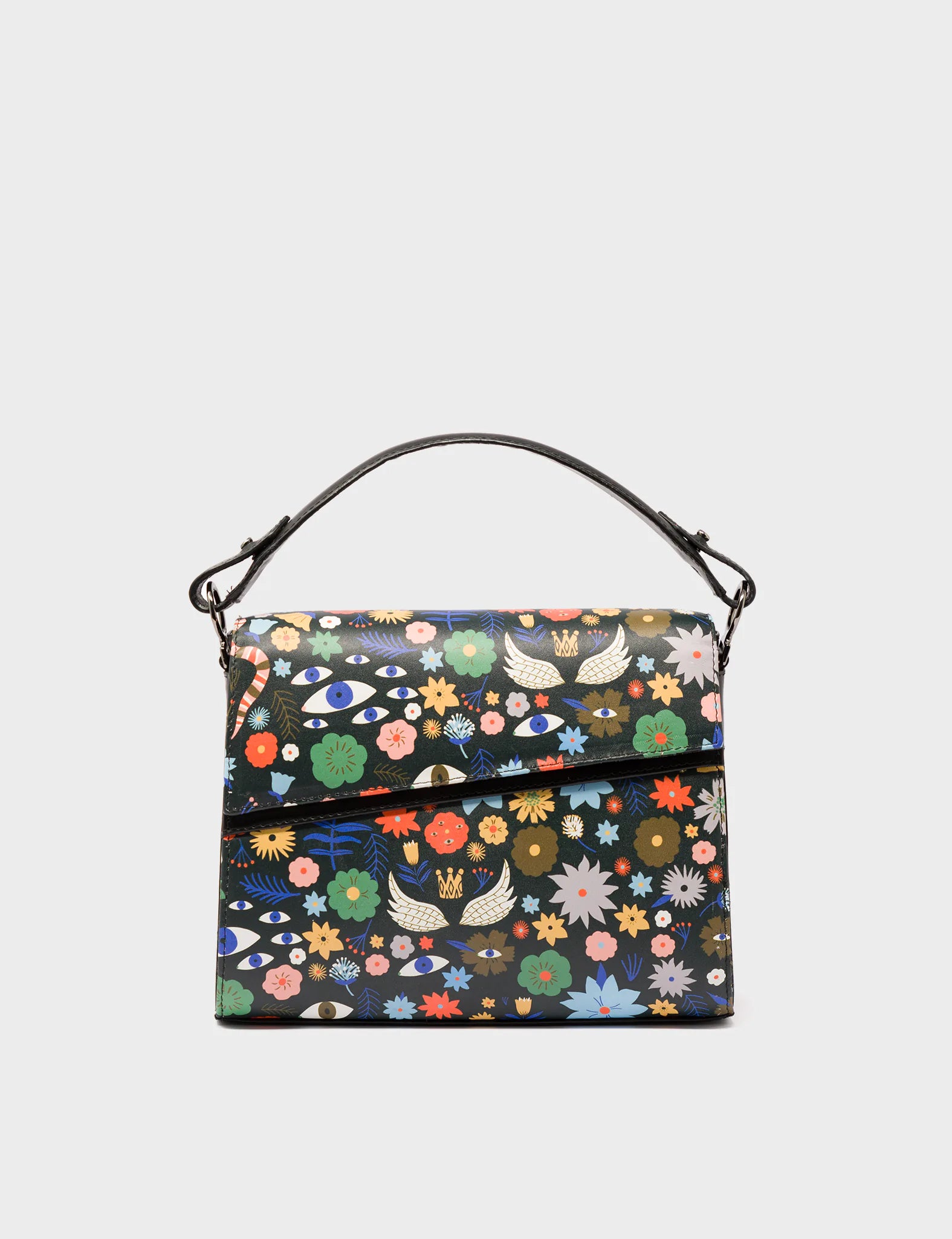 Mini Crossbody Handbag Manhattan Black Leather - Flowers Pattern Print - Front