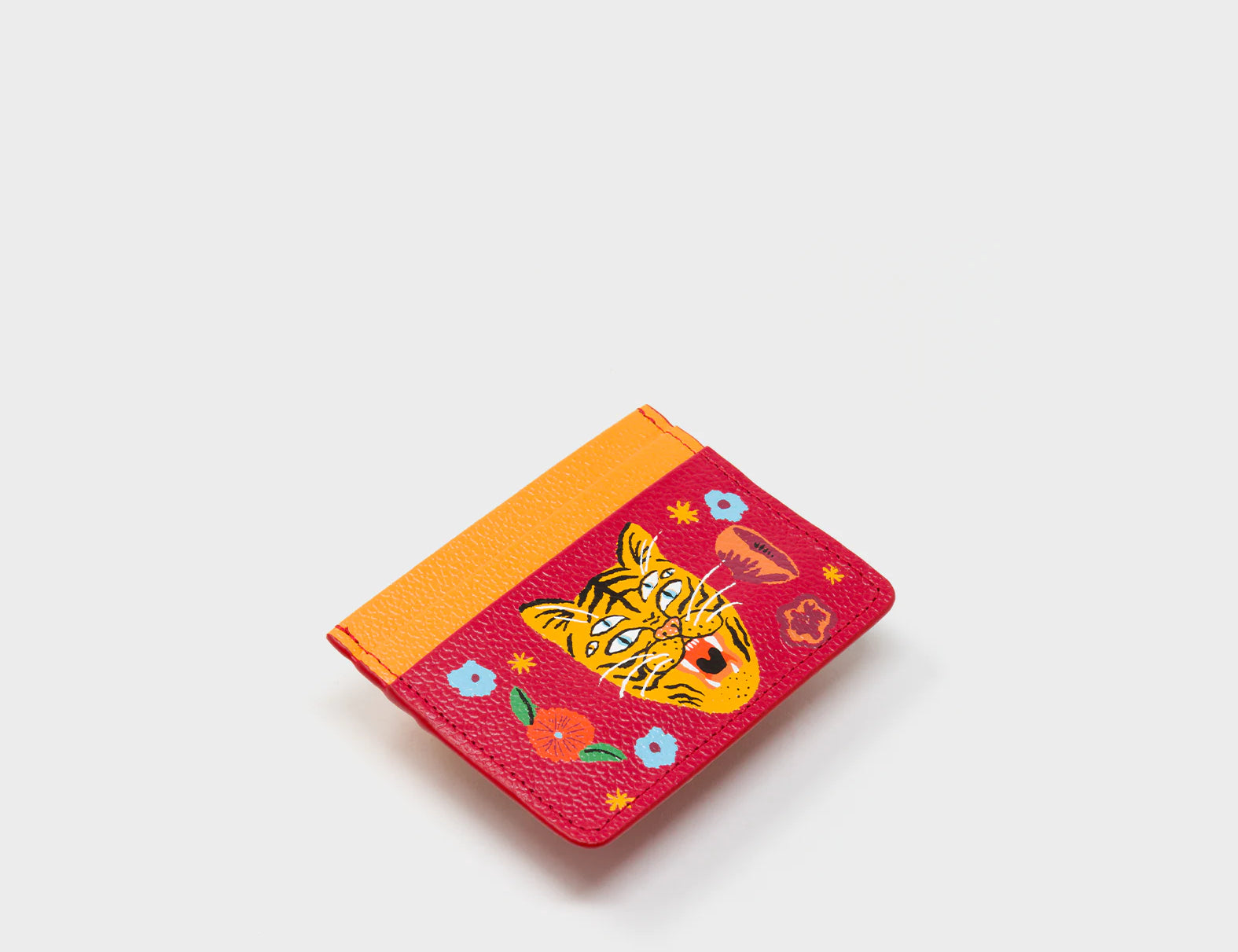 Filium Jester Red and Flamingo Orange Leather Cardholder - Happy Tiger Print - Side View