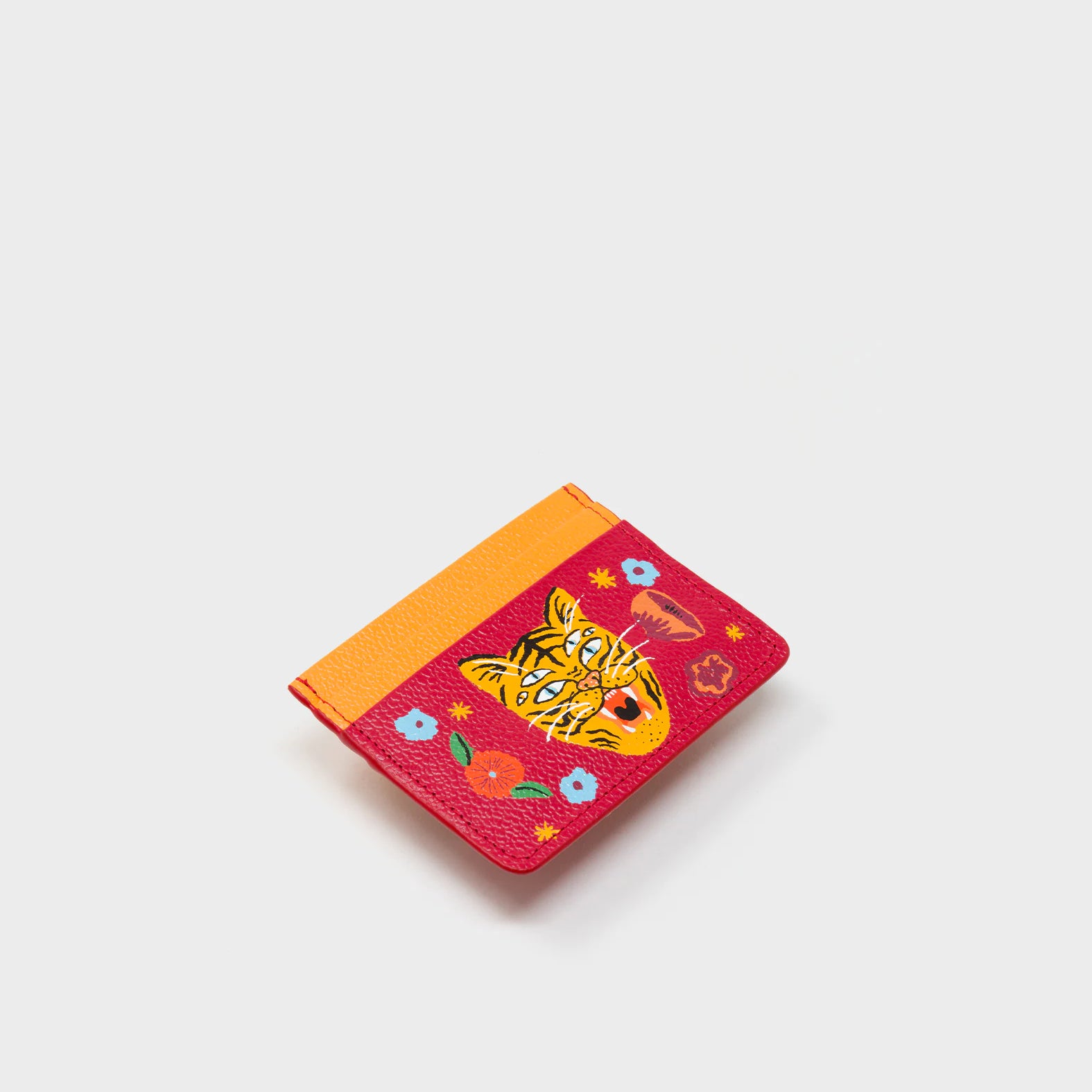 Filium Jester Red and Flamingo Orange Leather Cardholder - Happy Tiger Print - Side View