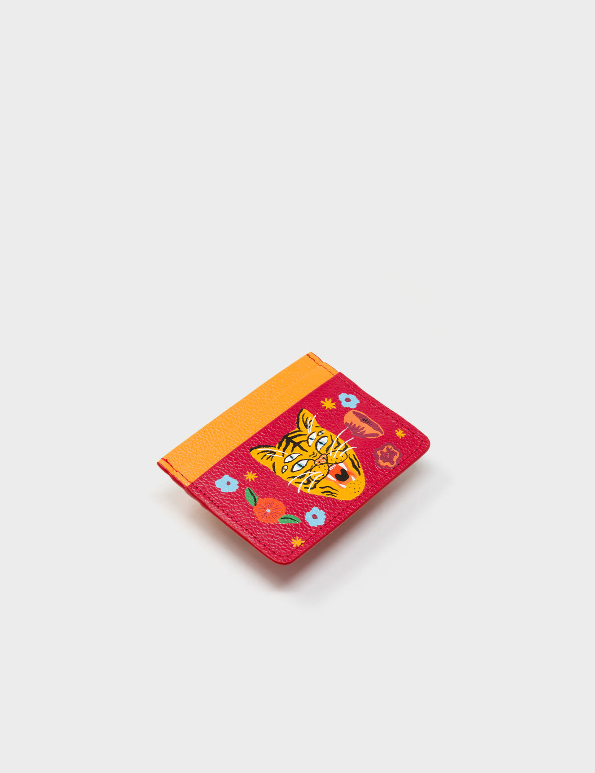 Filium Jester Red and Flamingo Orange Leather Cardholder - Happy Tiger Print - Side View