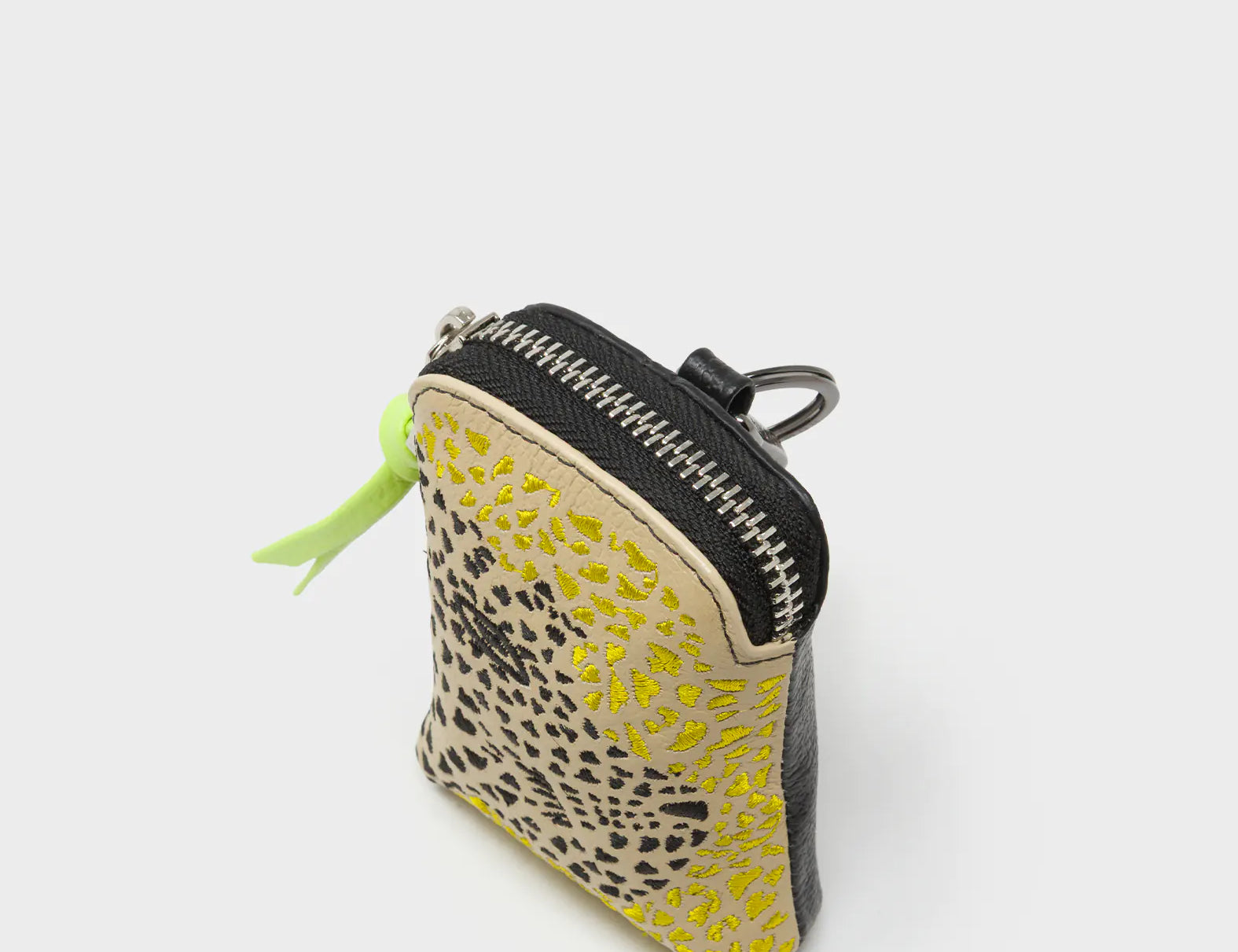 Florence Pouch Charm - Taos Taupe Leather Keychain Retro Tiger Embroidery - Side view