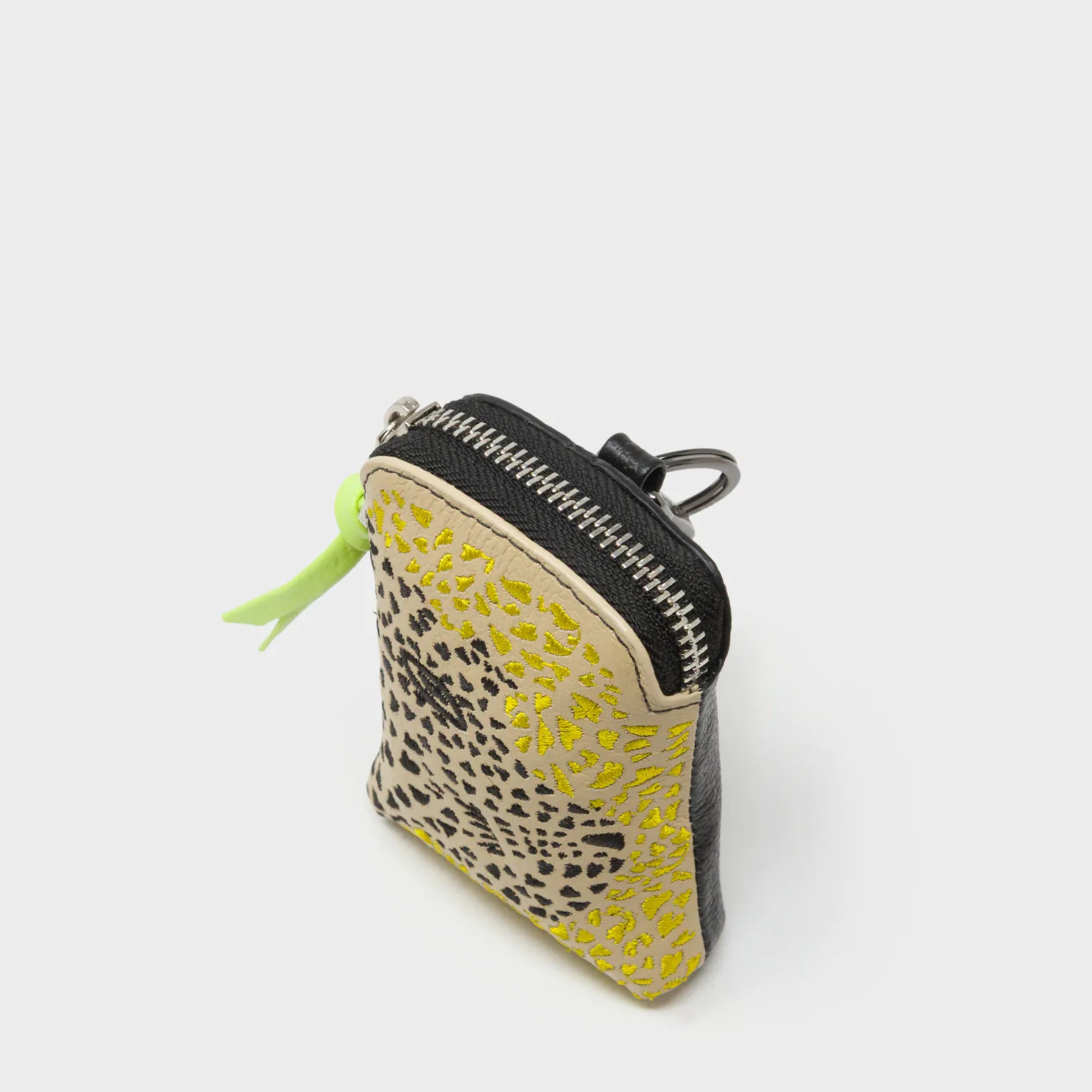 Florence Pouch Charm - Taos Taupe Leather Keychain Retro Tiger Embroidery - Side view