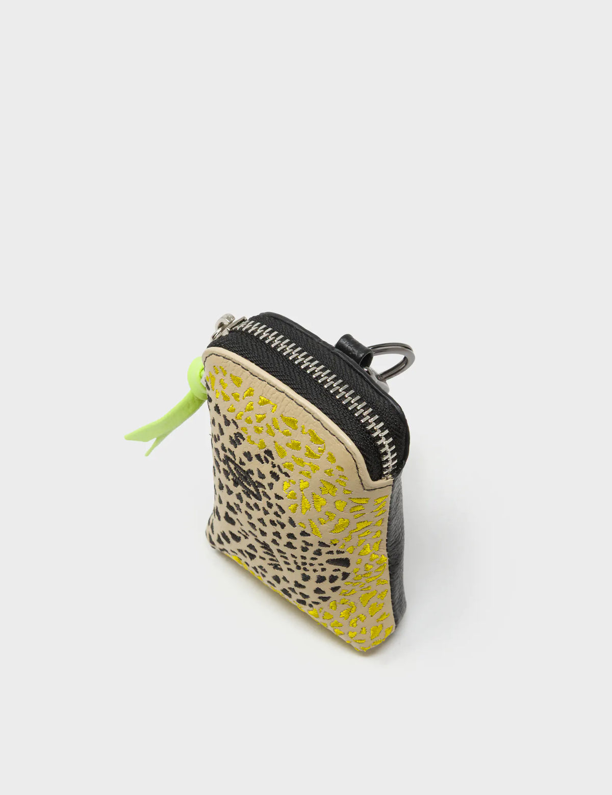 Florence Pouch Charm - Taos Taupe Leather Keychain Retro Tiger Embroidery - Side view