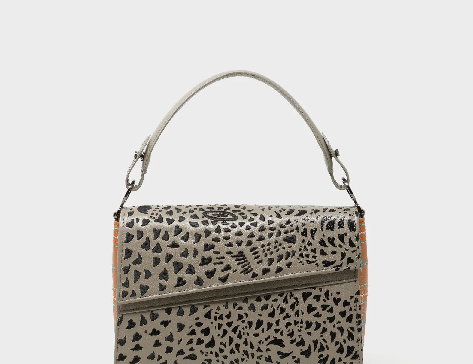 Anastasio Mini Crossbody Handbag Tuffet Brown Leather - Retro Tiger Embroidery - Front View
