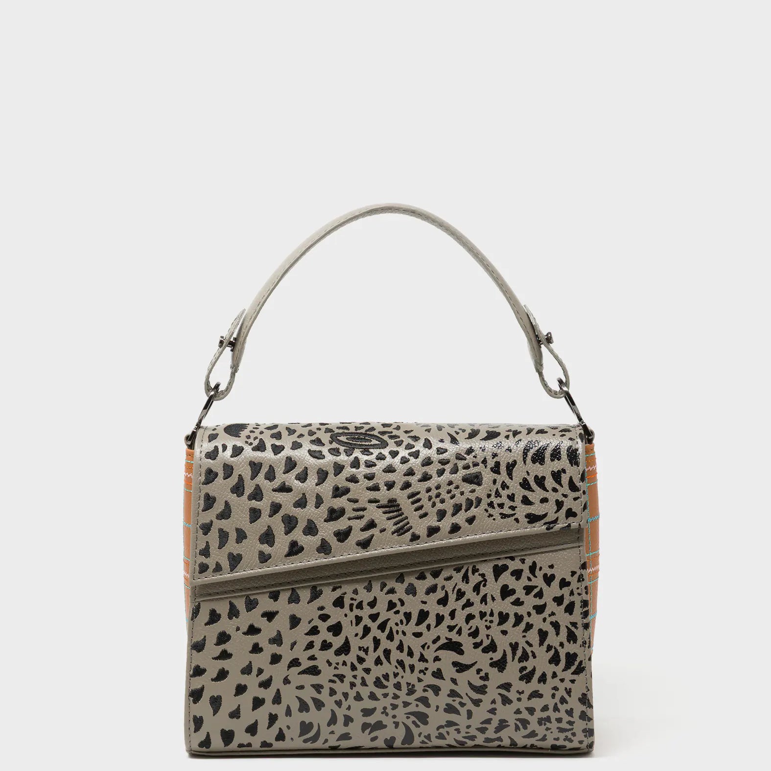 Anastasio Mini Crossbody Handbag Tuffet Brown Leather - Retro Tiger Embroidery - Front View