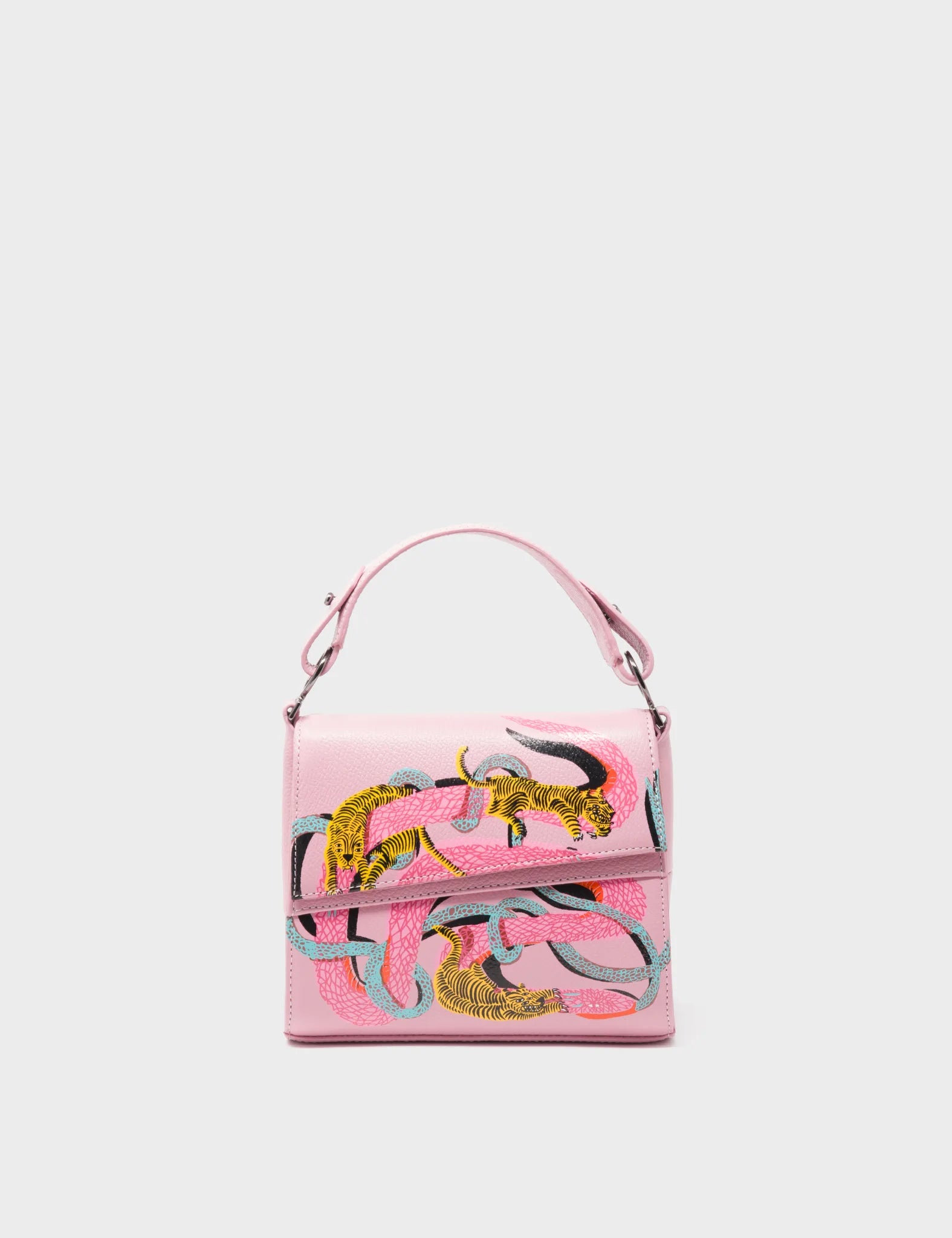 Micro Crossbody Handbag Blush Pink Leather - Tiger and Snake Print - Front
