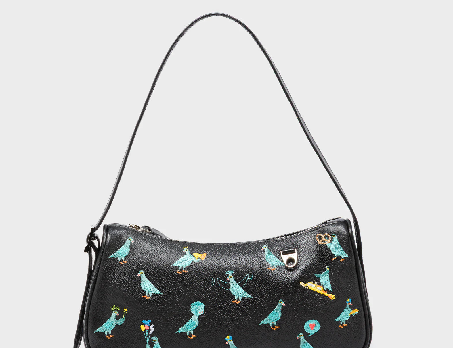 Lucas Hobo Mini Black Handbag - Pigeonista Embroidery - Front View