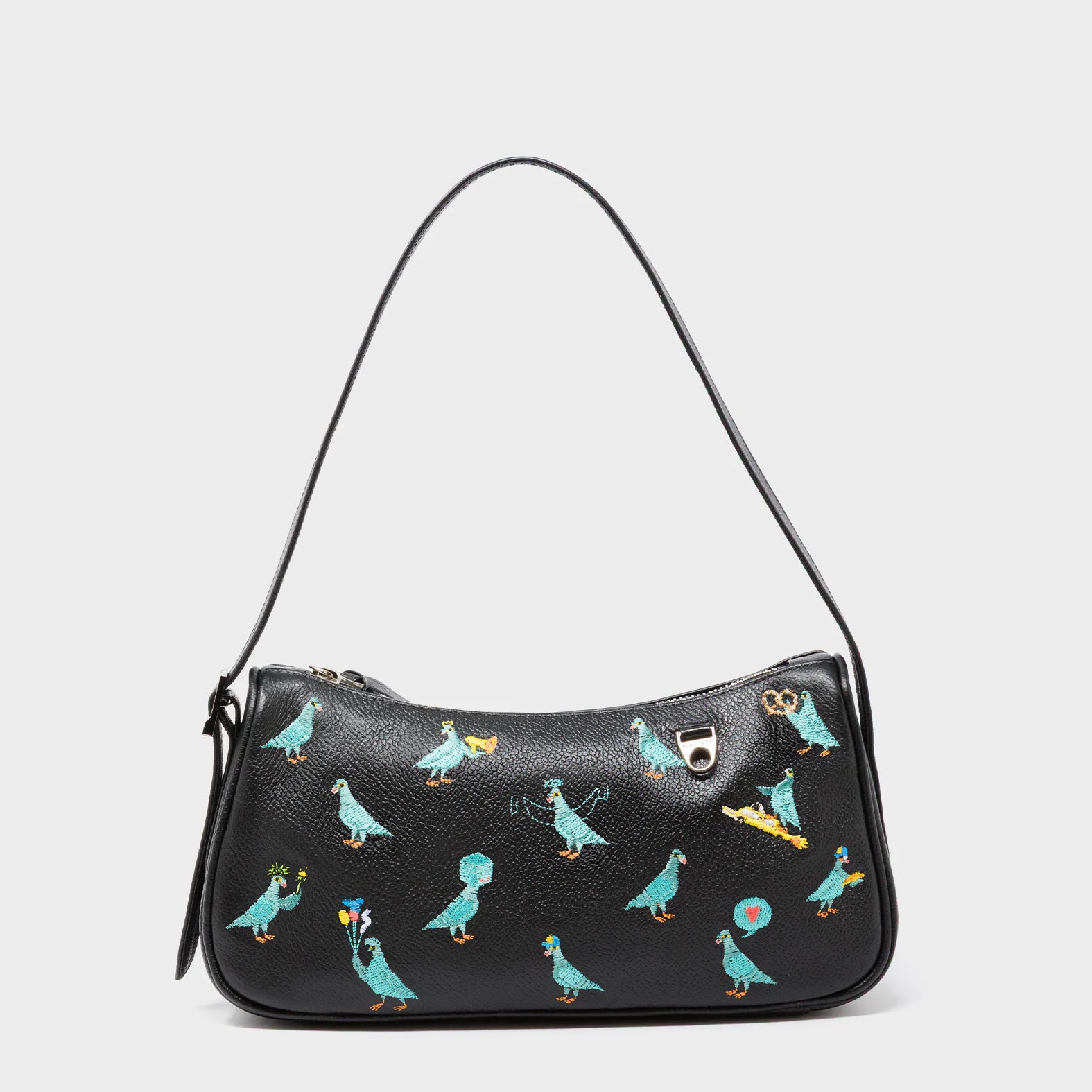 Lucas Hobo Mini Black Handbag - Pigeonista Embroidery - Front View