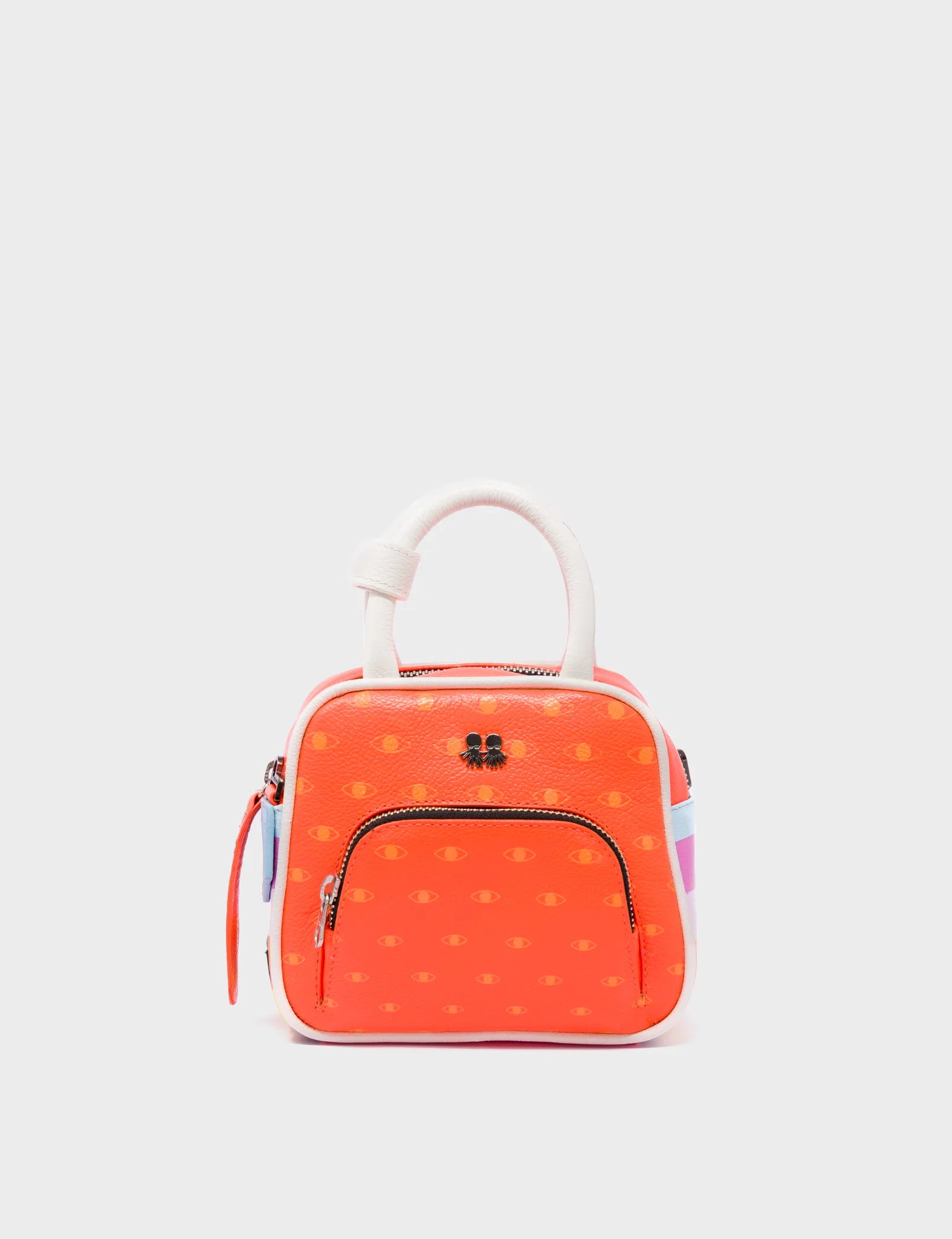 Small Crossbody Neon Orange Leather Bag - Eyes Pattern Printed - Front 